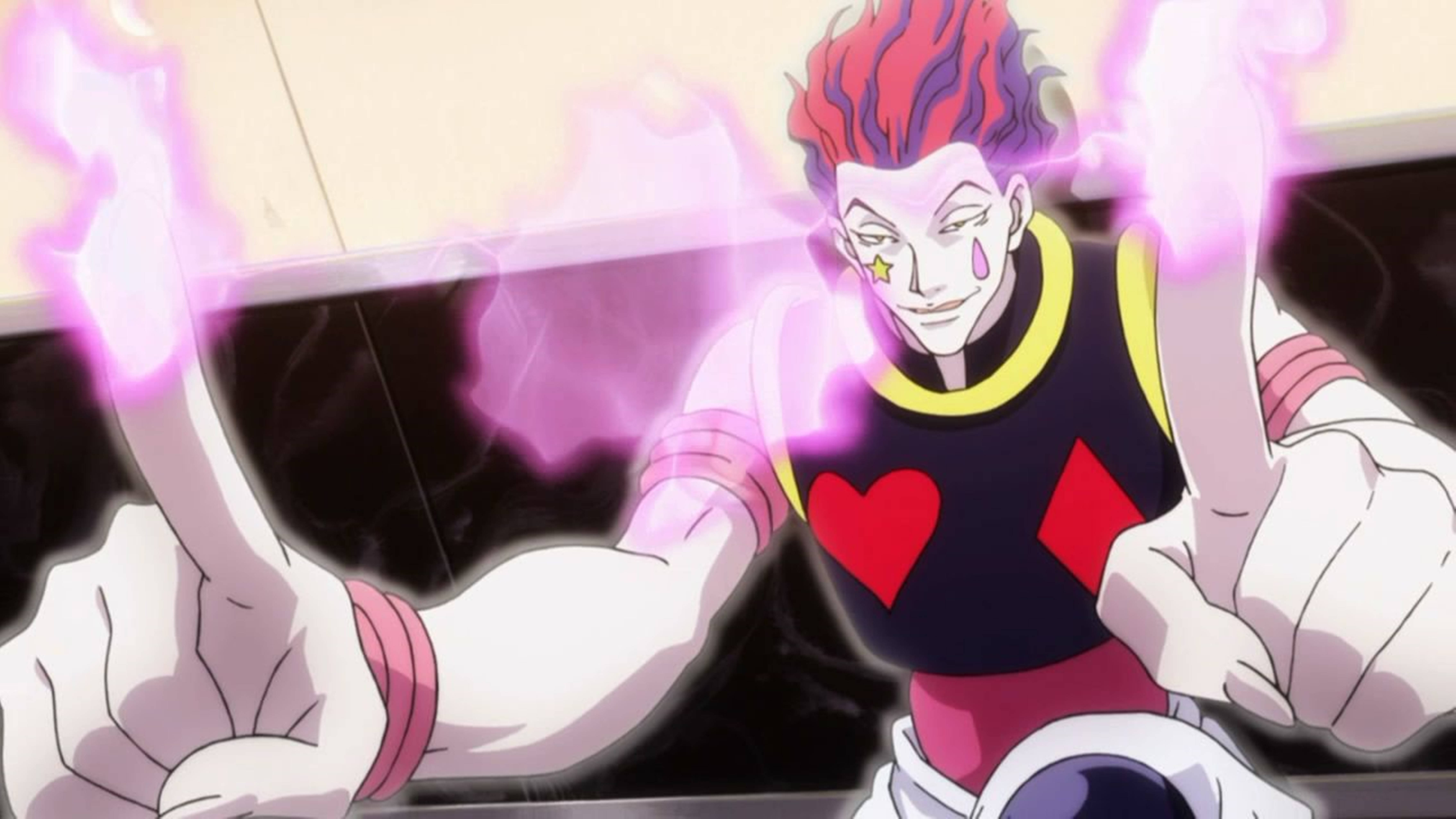 Hisoka, red and purple hair, glowing pink energy, 5K Desktop Wallpaper