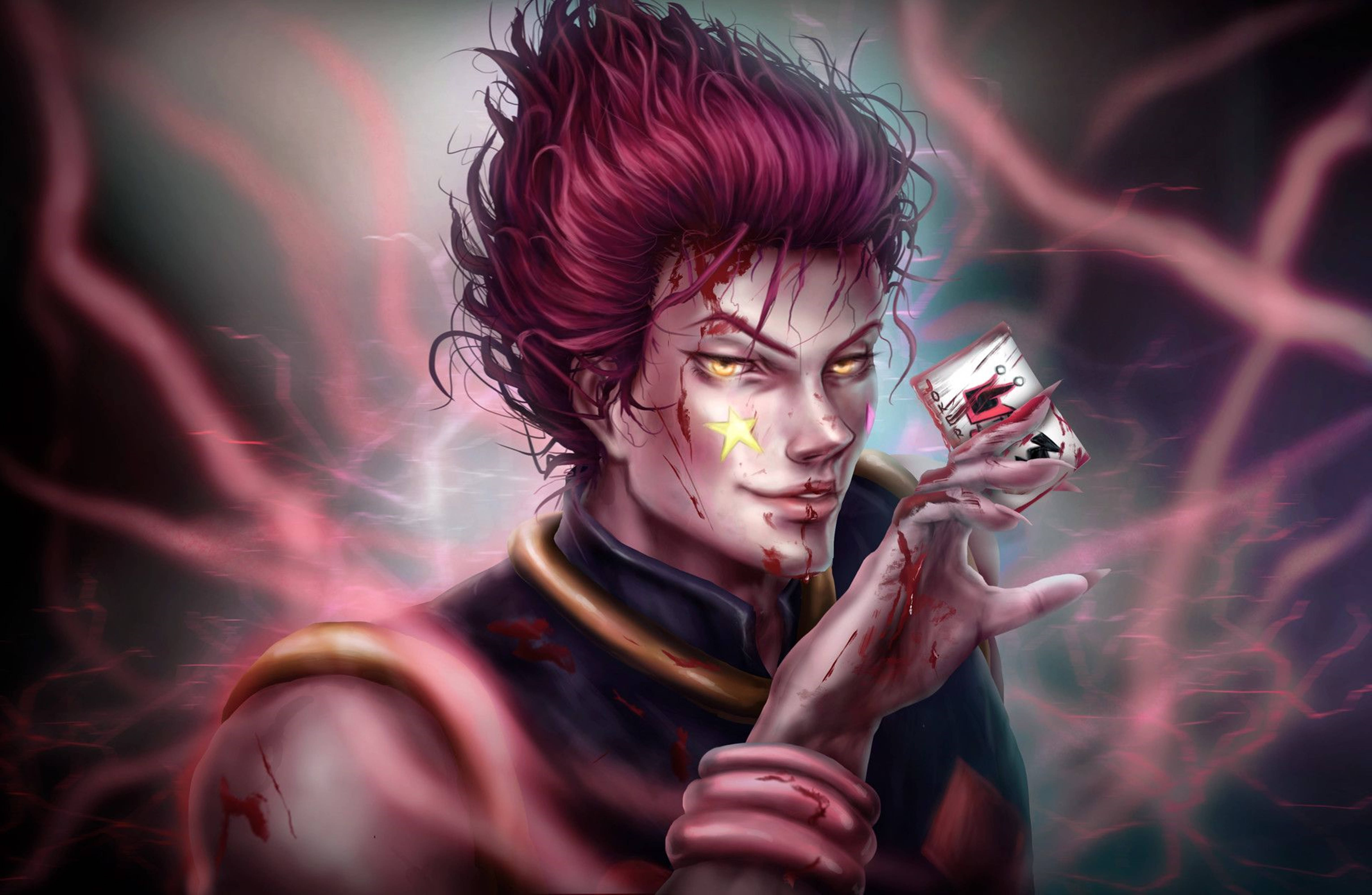 Hisoka, crimson-haired, glowing yellow eyes, 5K Desktop Wallpaper