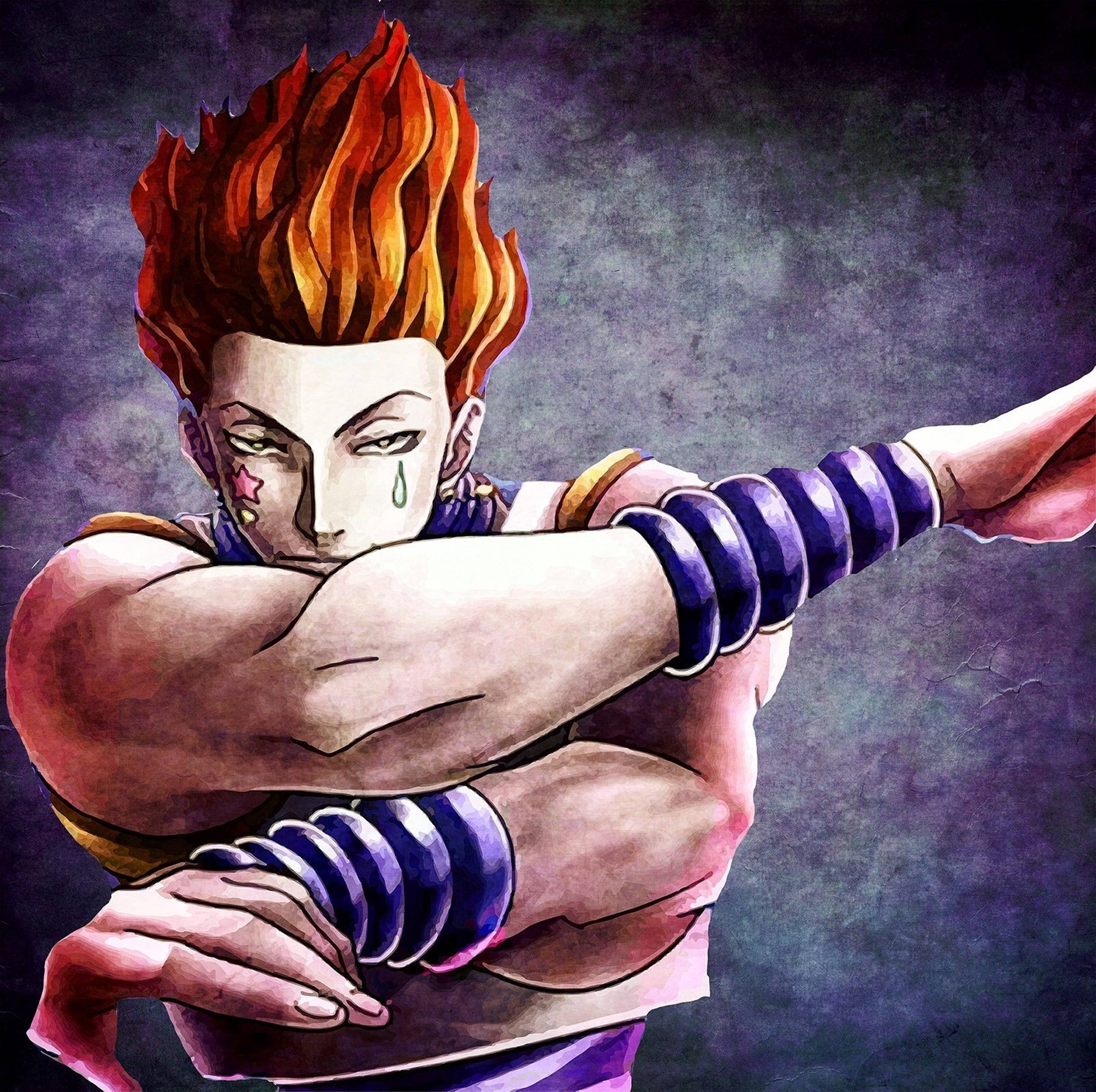 Hisoka, fiery-haired anime warrior, purple arm wraps, 4K Desktop Wallpaper