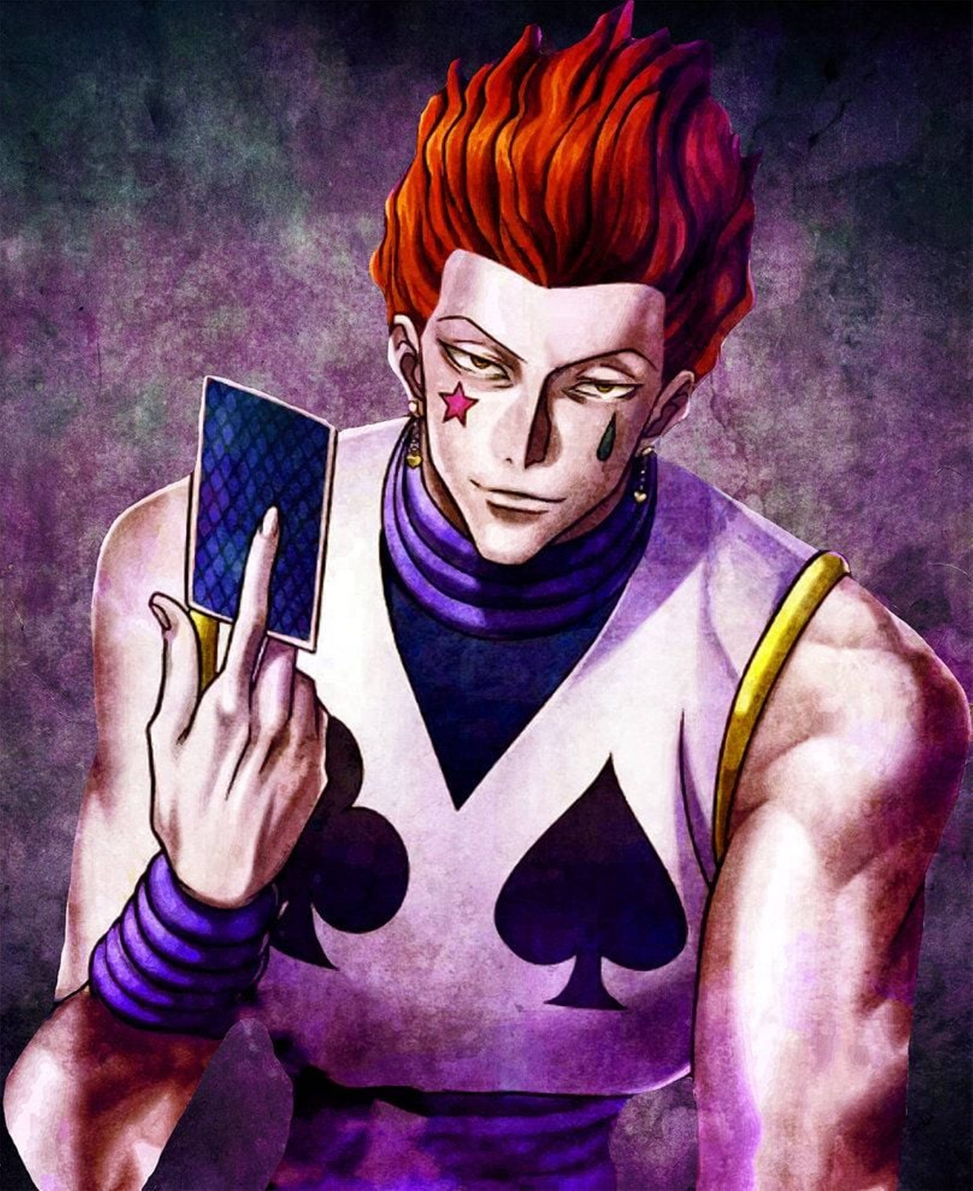 Hisoka, fiery-haired anime character, purple spade outfit, 4K Phone Wallpaper
