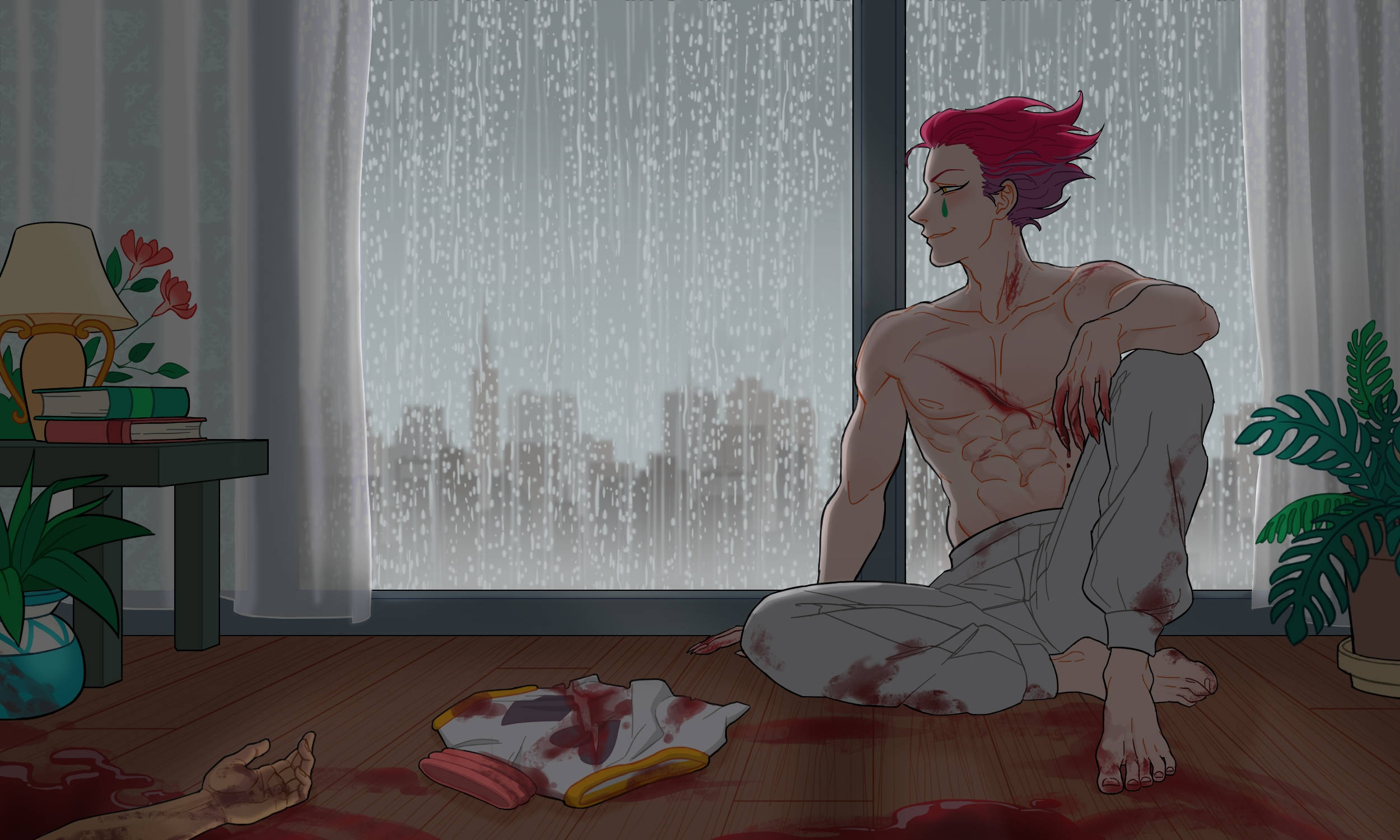 Hisoka, red-haired anime man, rainy cityscape, Full HD Desktop Wallpaper