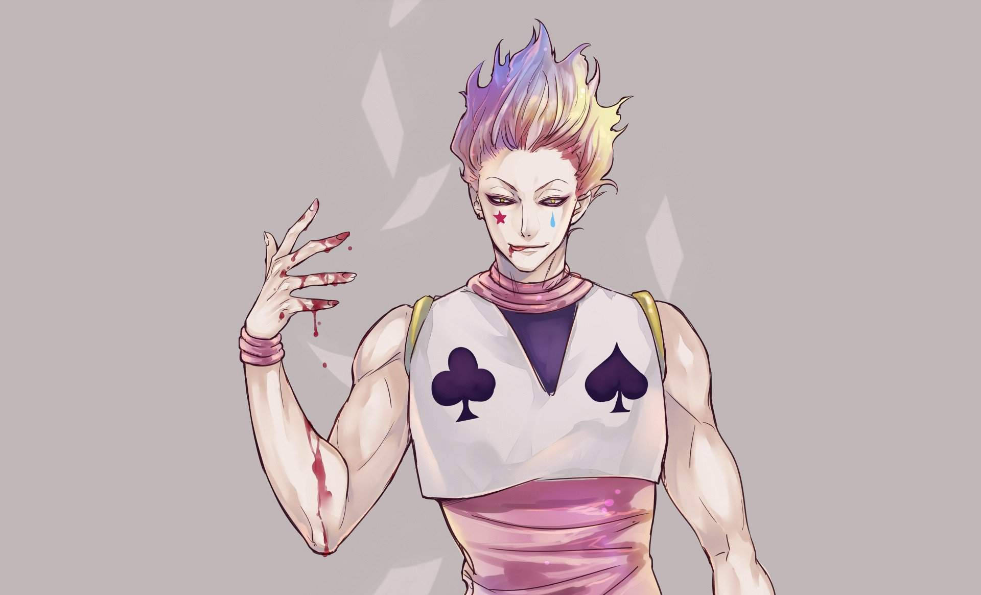 Hisoka, spiky multicolored hair, blood on hand, Full HD Desktop Wallpaper