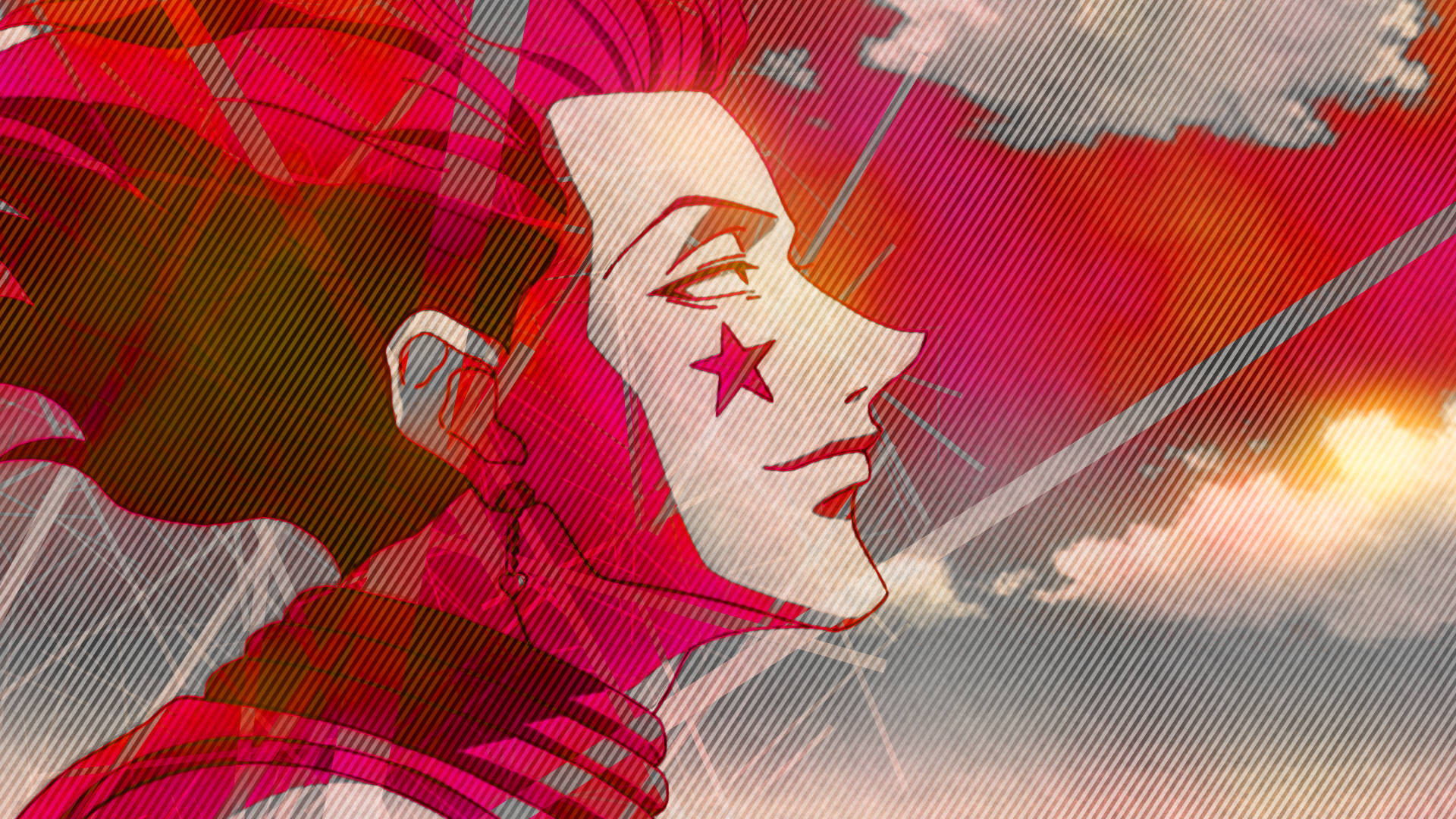 Hisoka, red star on cheek, vibrant sunset sky, Full HD Desktop Wallpaper