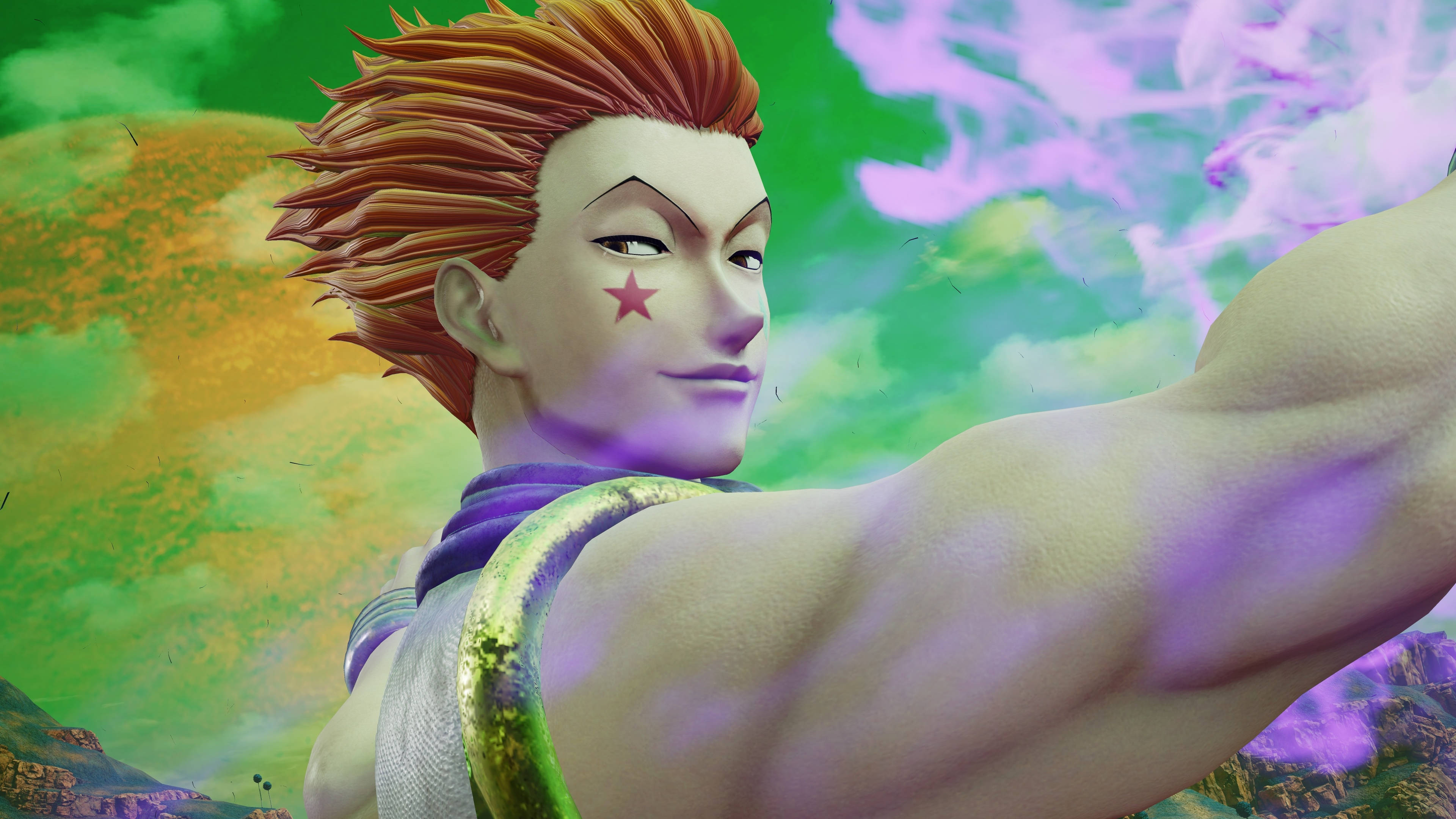 Hisoka, spiky red hair, star tattoo, 4K Desktop Wallpaper