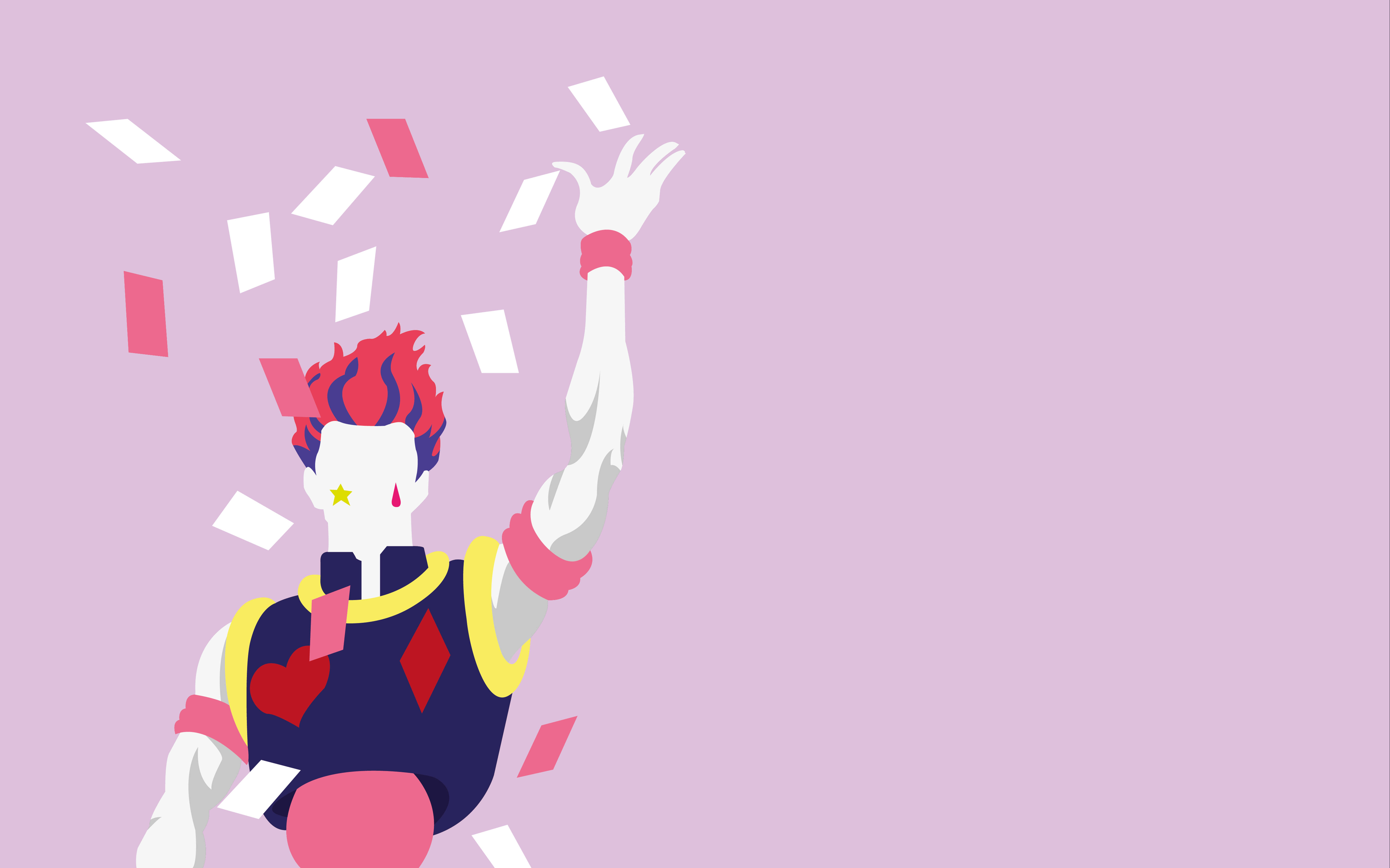 Hisoka, red and blue hair, pink and white playing cards, 5K Desktop Wallpaper