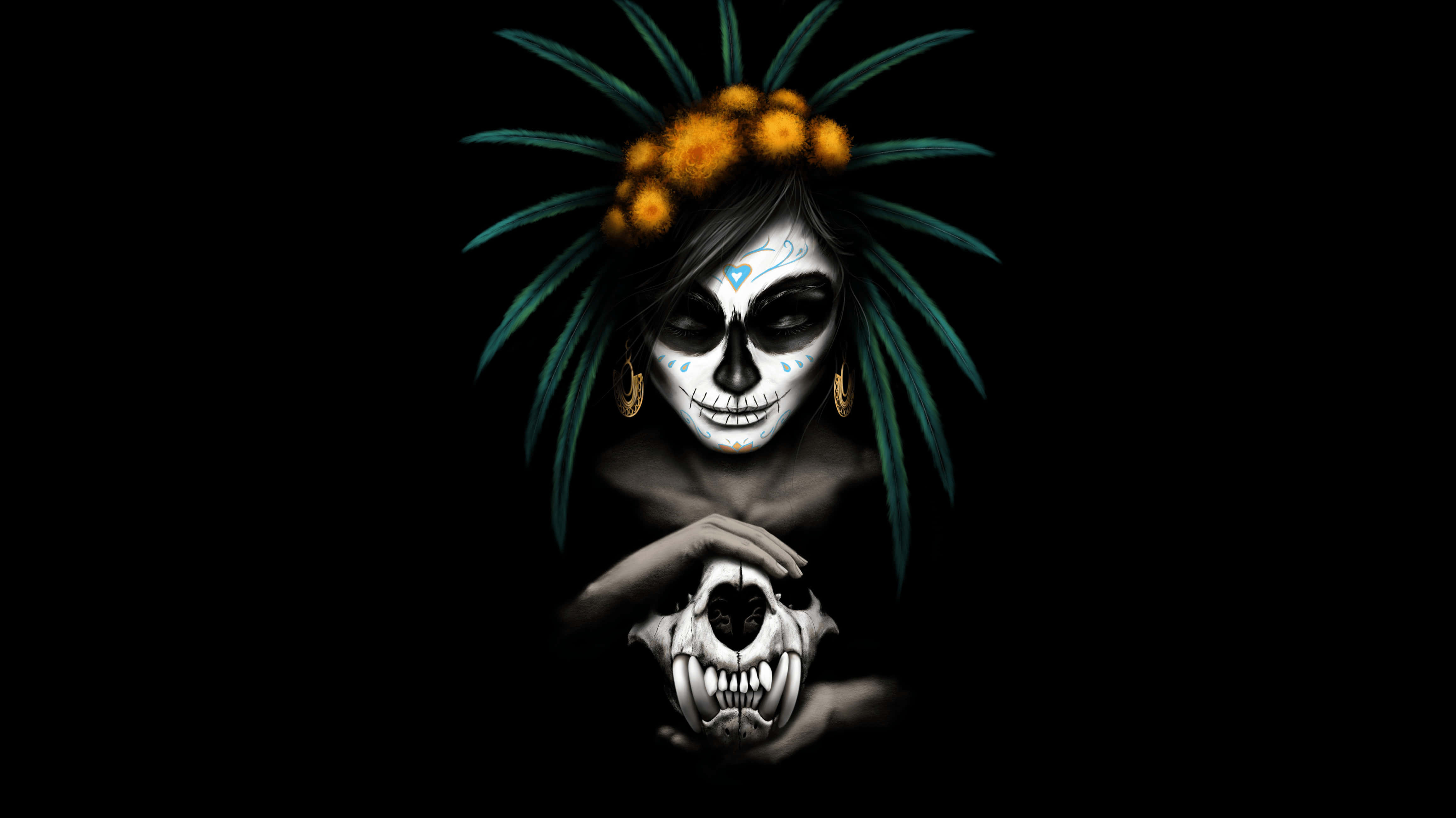 sugar skull woman, teal dreadlocks, orange marigold crown, 4K Desktop Wallpaper