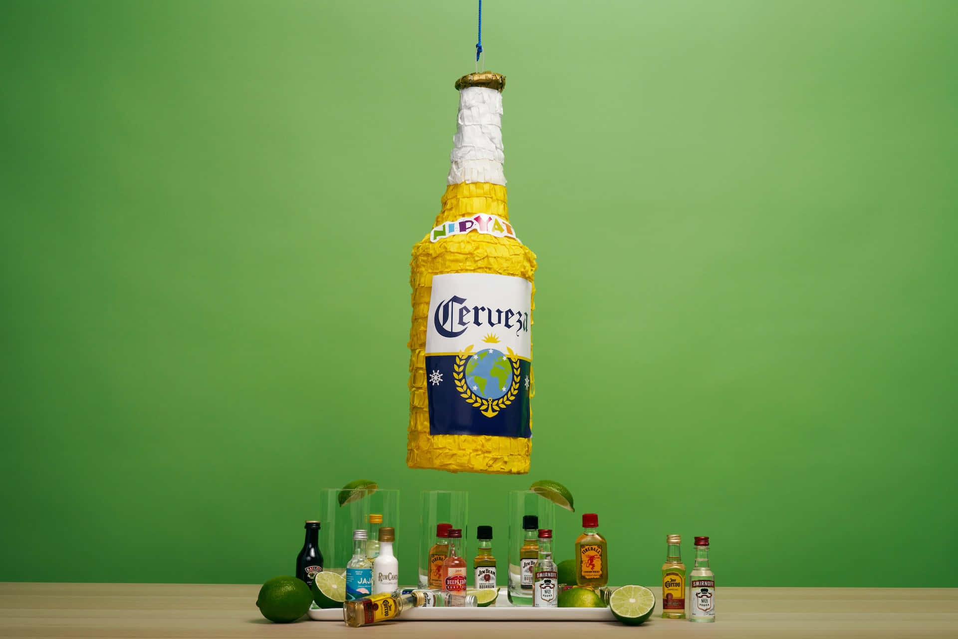 Hispanic, yellow beer bottle piñata, lime wedges, Full HD Desktop Wallpaper