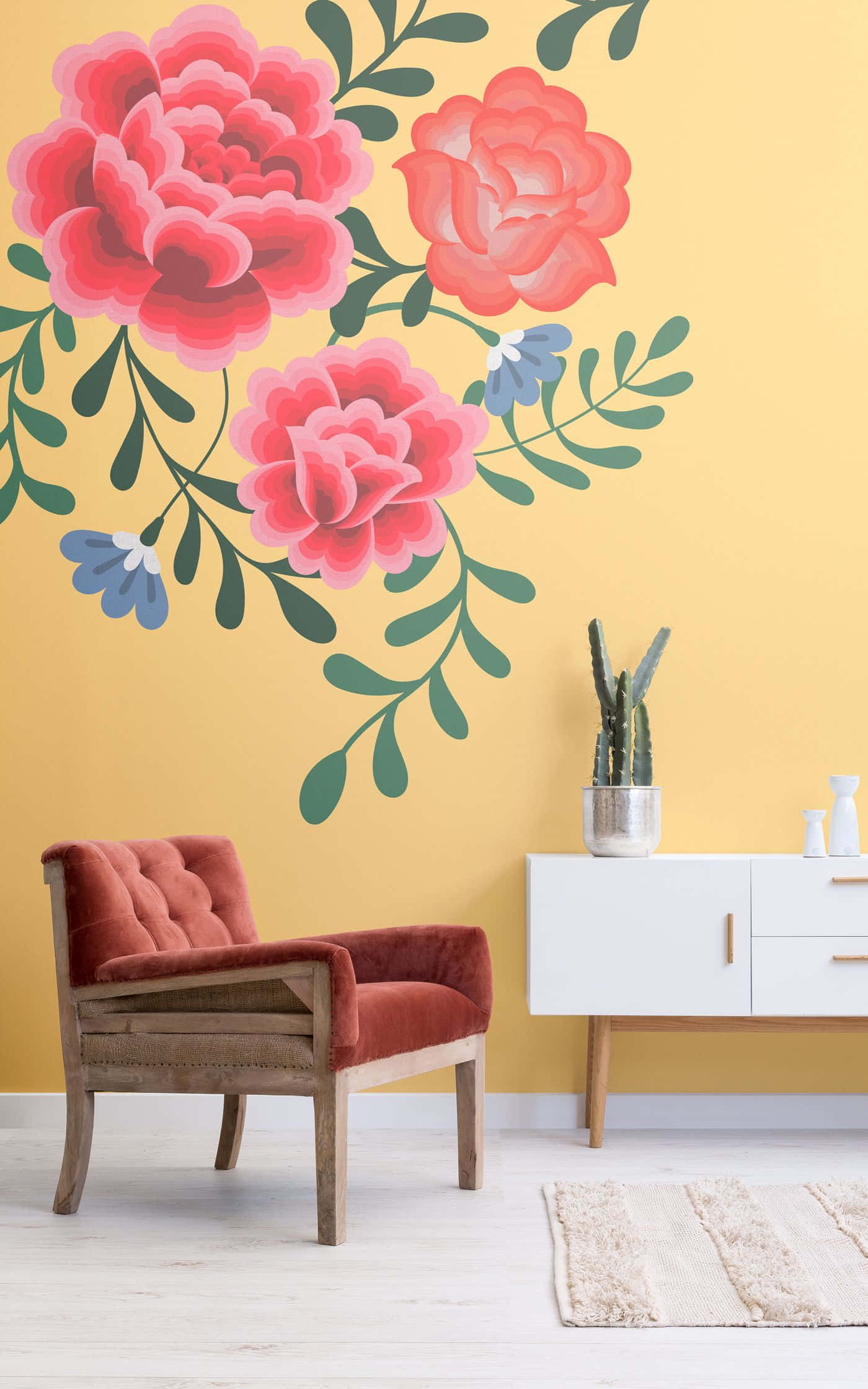 Hispanic, pink floral wallpaper, warm yellow wall, Full HD Phone Wallpaper