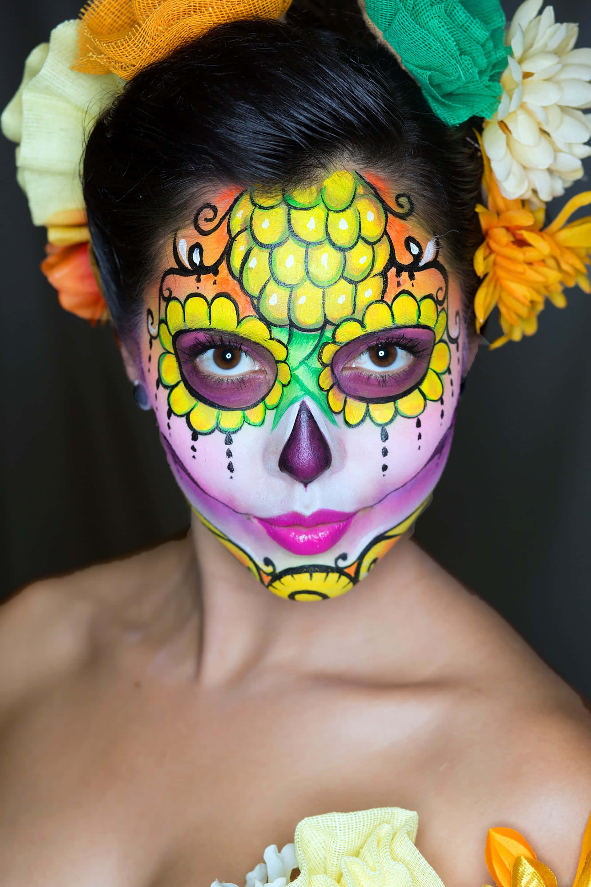 Hispanic, sugar skull makeup, colorful floral headpiece, 2K Phone Wallpaper