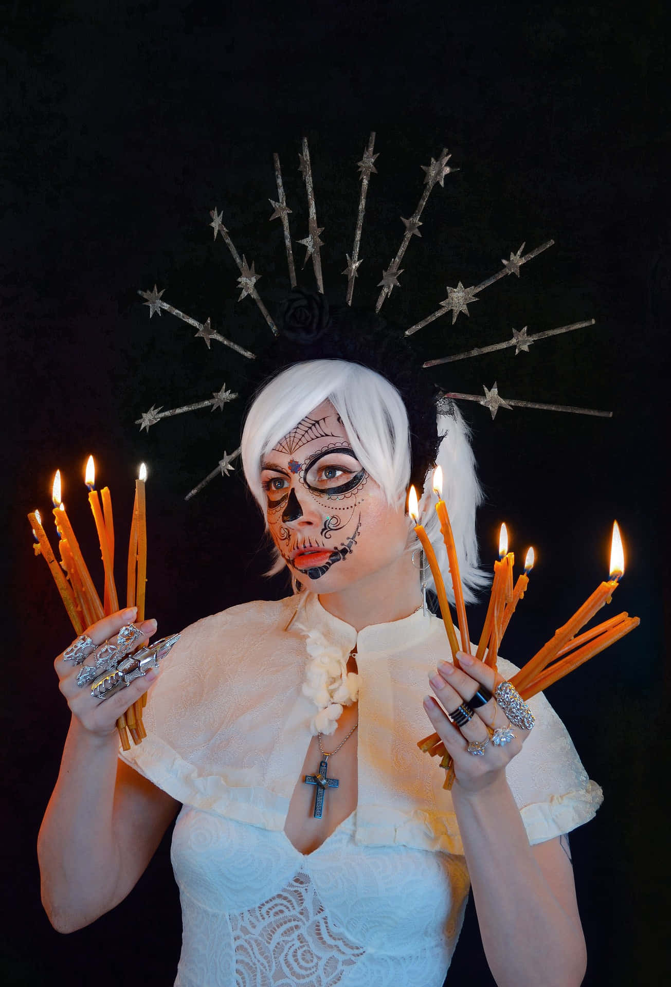 sugar skull makeup, star-adorned crown, burning candles, Full HD Phone Wallpaper