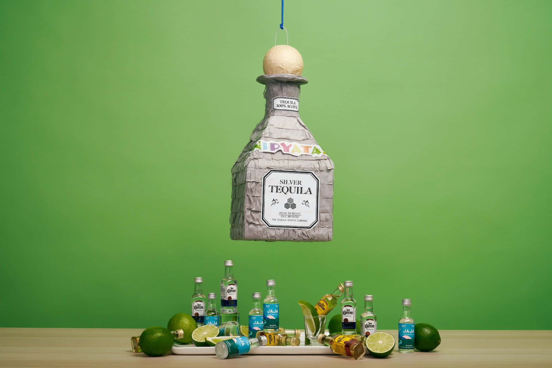 tequila bottle piñata, spilled liquor bottles, limes, Full HD Desktop Wallpaper