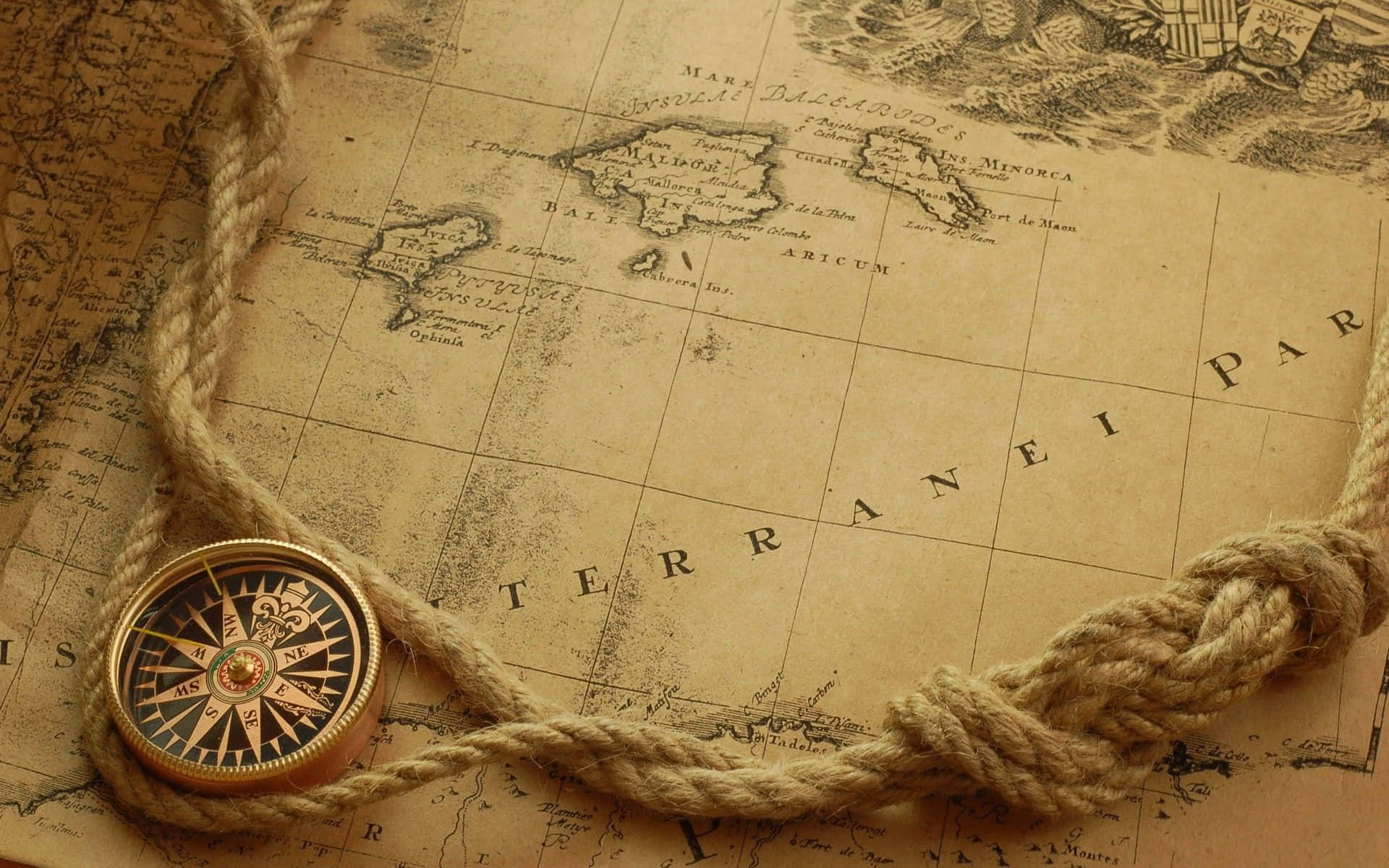 brass compass, aged nautical map of the Mediterranean, thick rope, Full HD Desktop Wallpaper