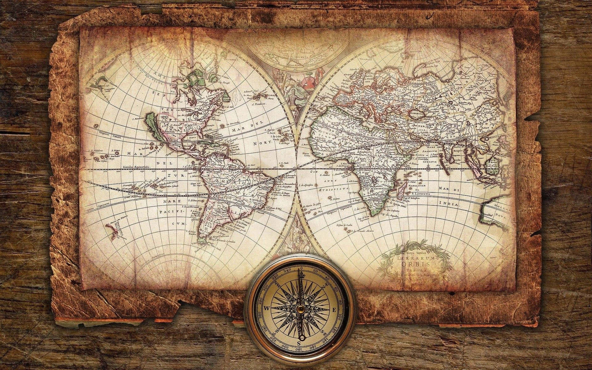 vintage world map, brass compass, torn edges, Full HD Desktop Wallpaper