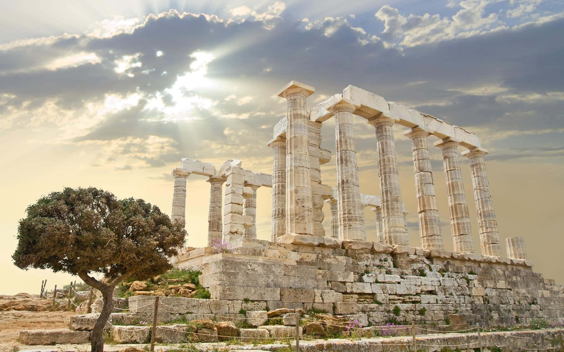 ancient temple, sunrays, stone columns, Full HD Desktop Wallpaper