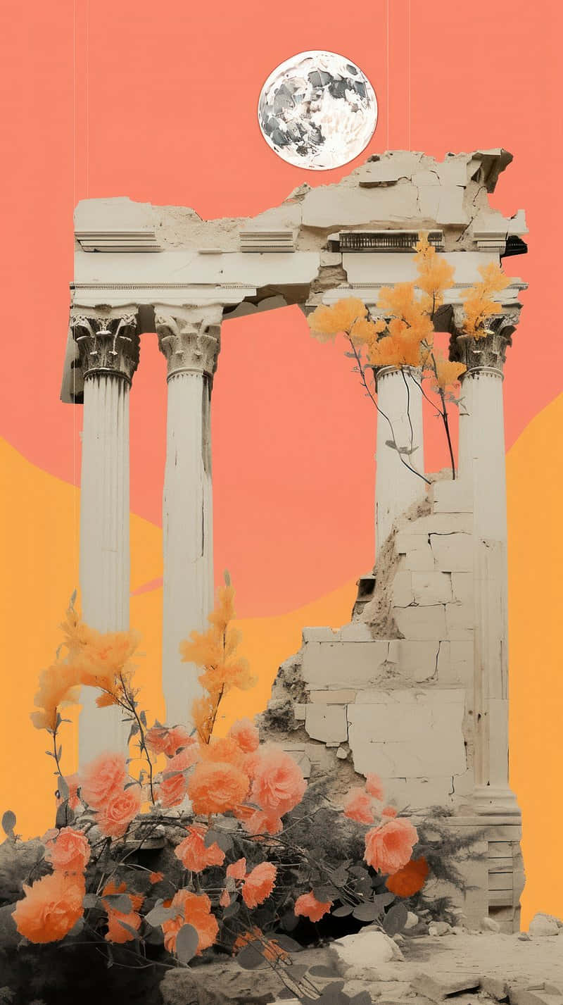 ancient stone temple ruins, blooming orange roses, full moon, HD Phone Wallpaper