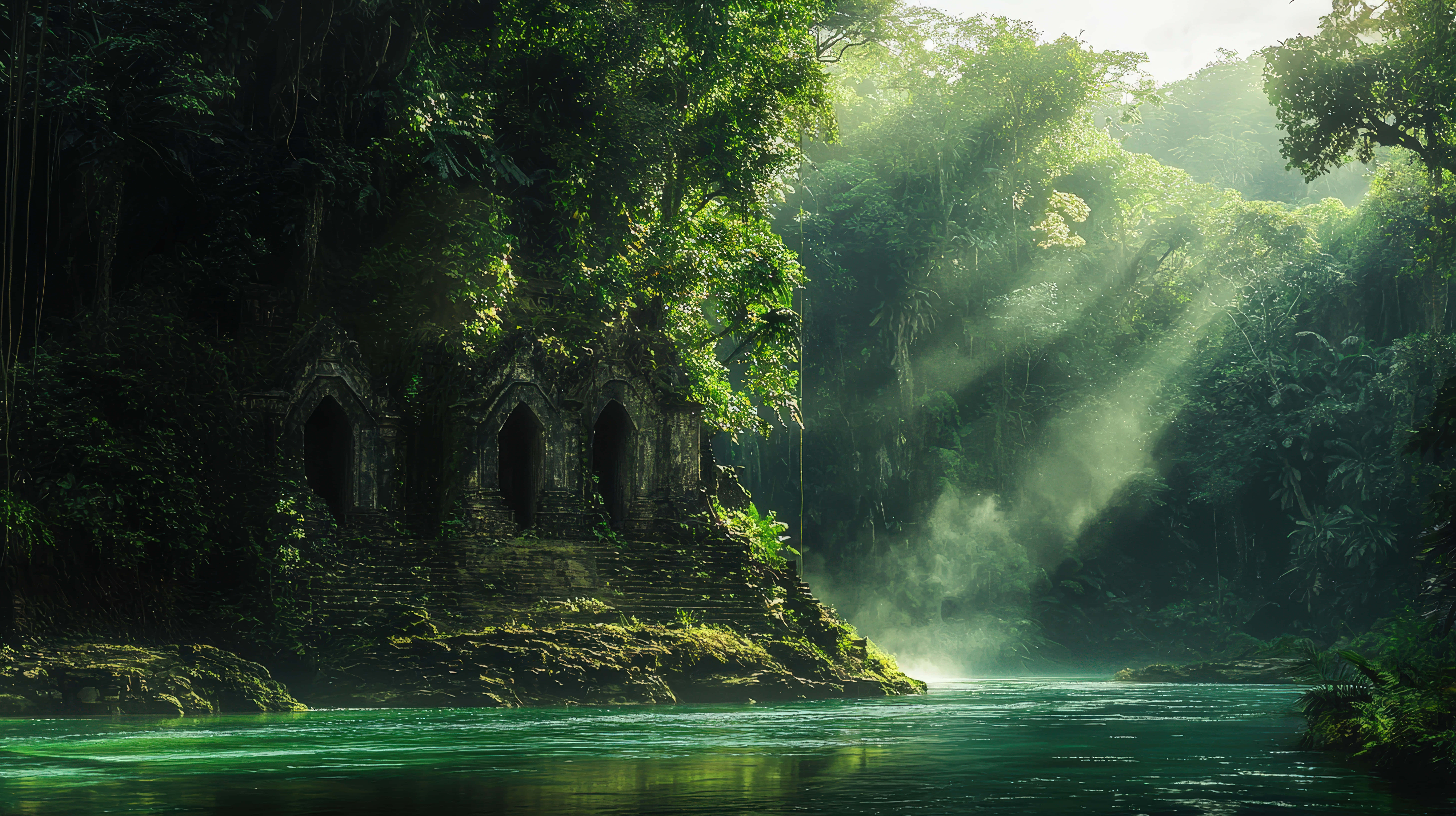 ancient temple, dense jungle, sun rays, 8K Desktop Wallpaper