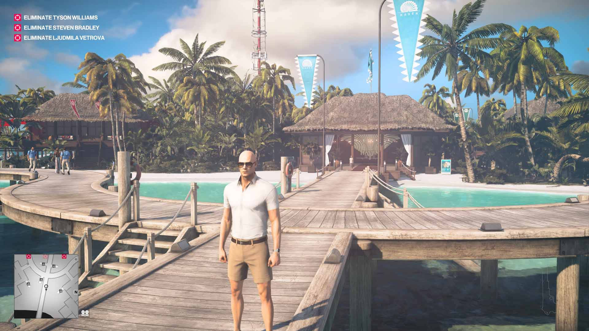 Hitman 2, beach resort, wooden pier, Full HD Desktop Wallpaper