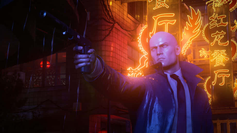 Hitman 3, neon signs, rainy urban alley, SD Desktop Wallpaper