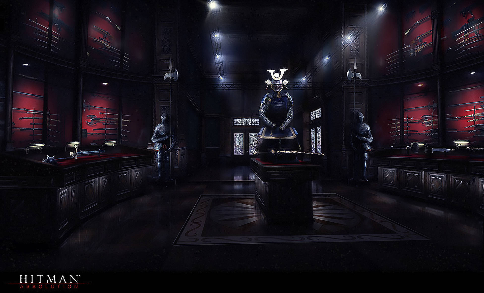 Hitman Absolution HD, samurai armor display room, glowing red walls, Full HD Desktop Wallpaper