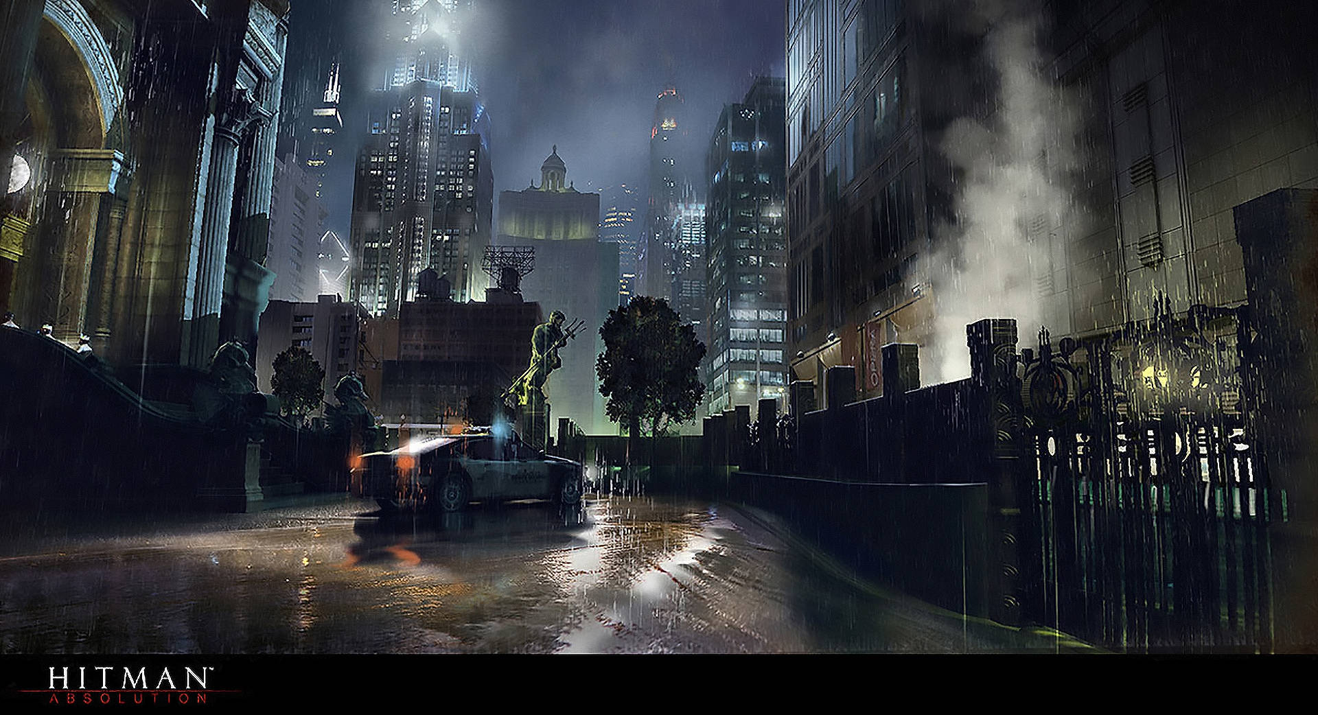 Hitman Absolution HD, neon-lit city street, rain-slicked, Full HD Desktop Wallpaper