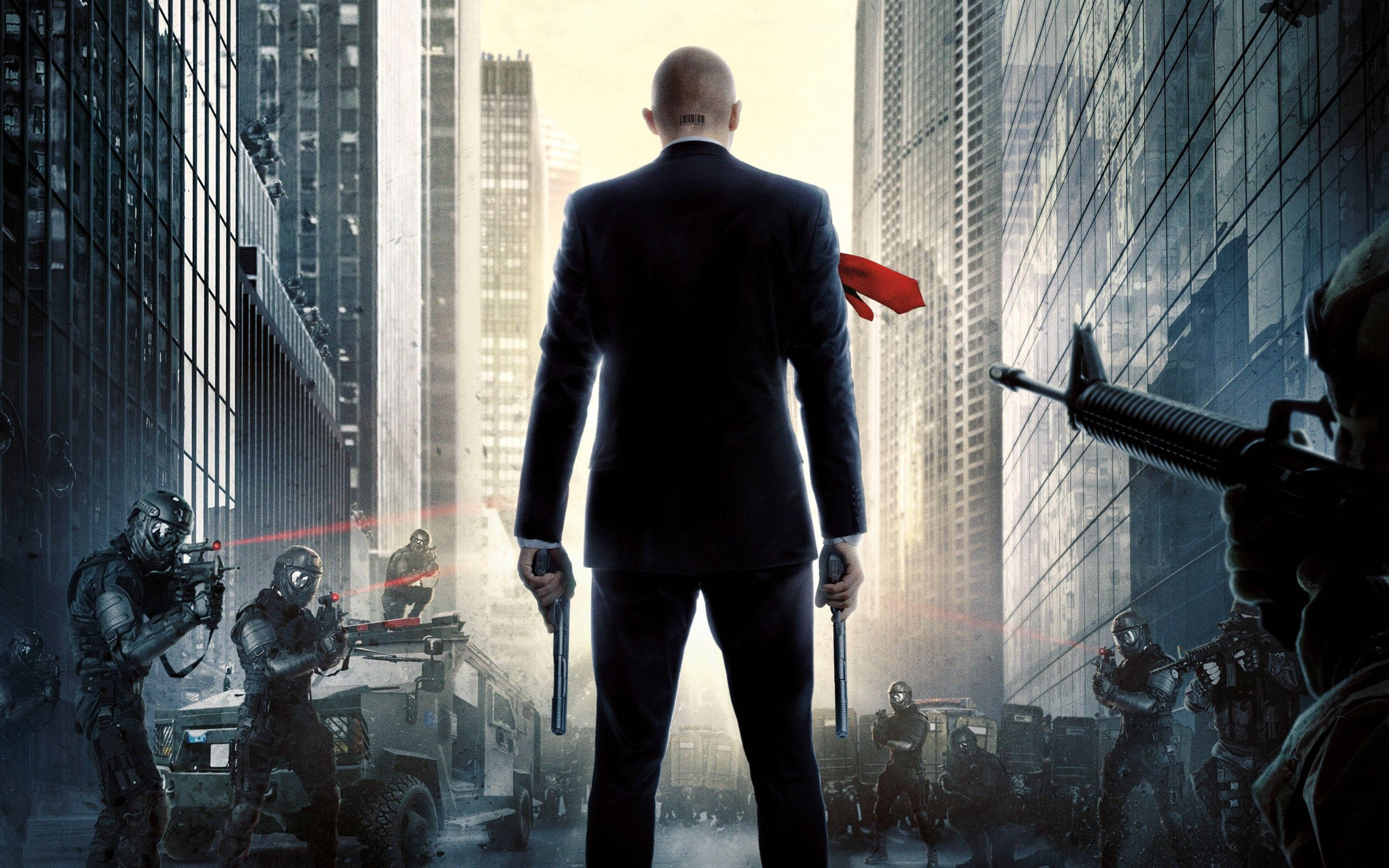 Hitman Absolution, black suit, city skyscrapers, 2K Desktop Wallpaper
