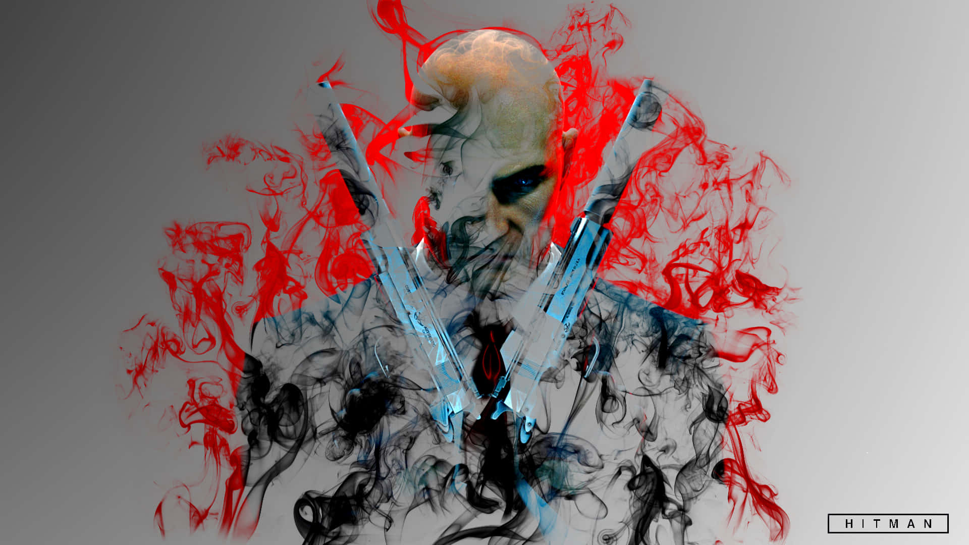 Hitman Agent 47, red black and blue smoke, gray background, Full HD Desktop Wallpaper