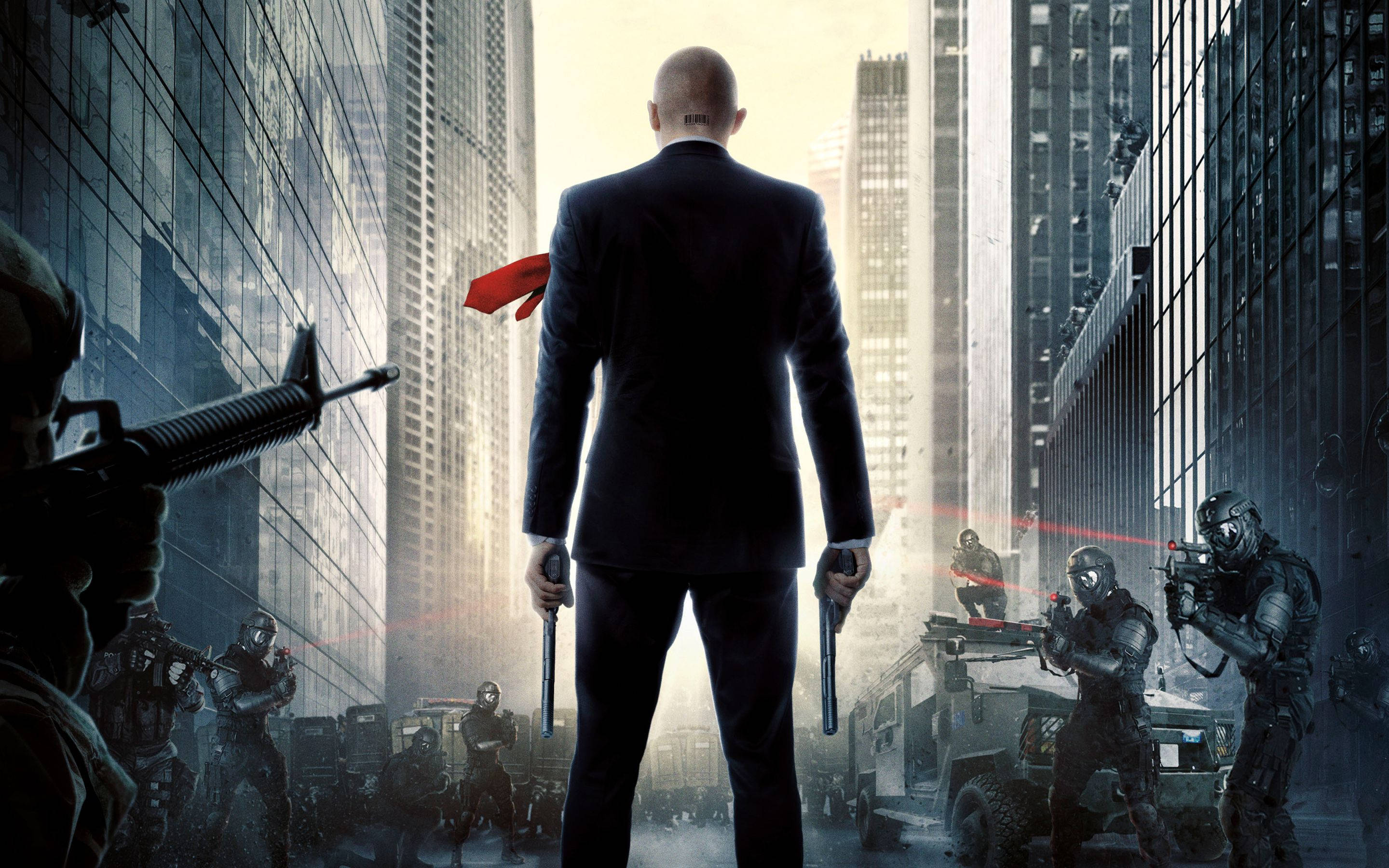 Agent 47, black suit, city skyscrapers, 2K Desktop Wallpaper