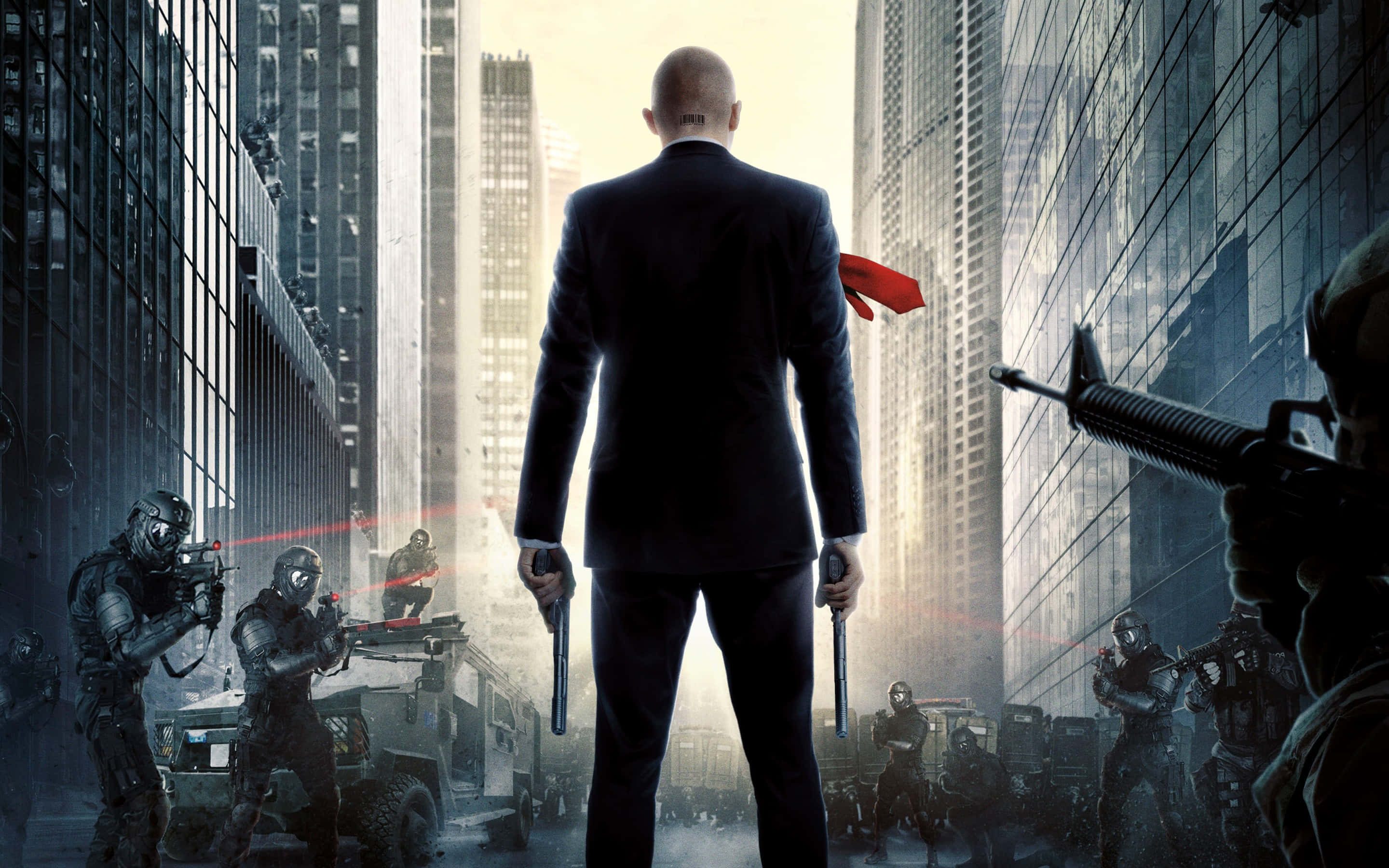 Hitman Agent 47, black suit, city skyscrapers, 2K Desktop Wallpaper