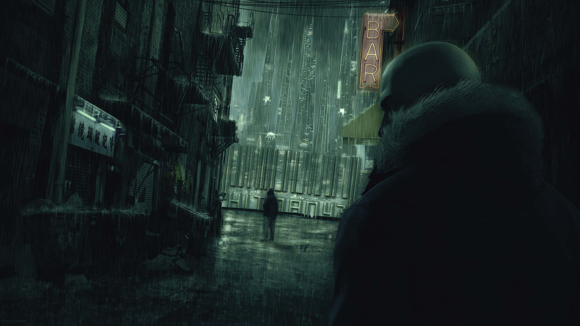 Hitman Agent 47, hooded coat, rain-slicked neon-lit alleyway, Full HD Desktop Wallpaper