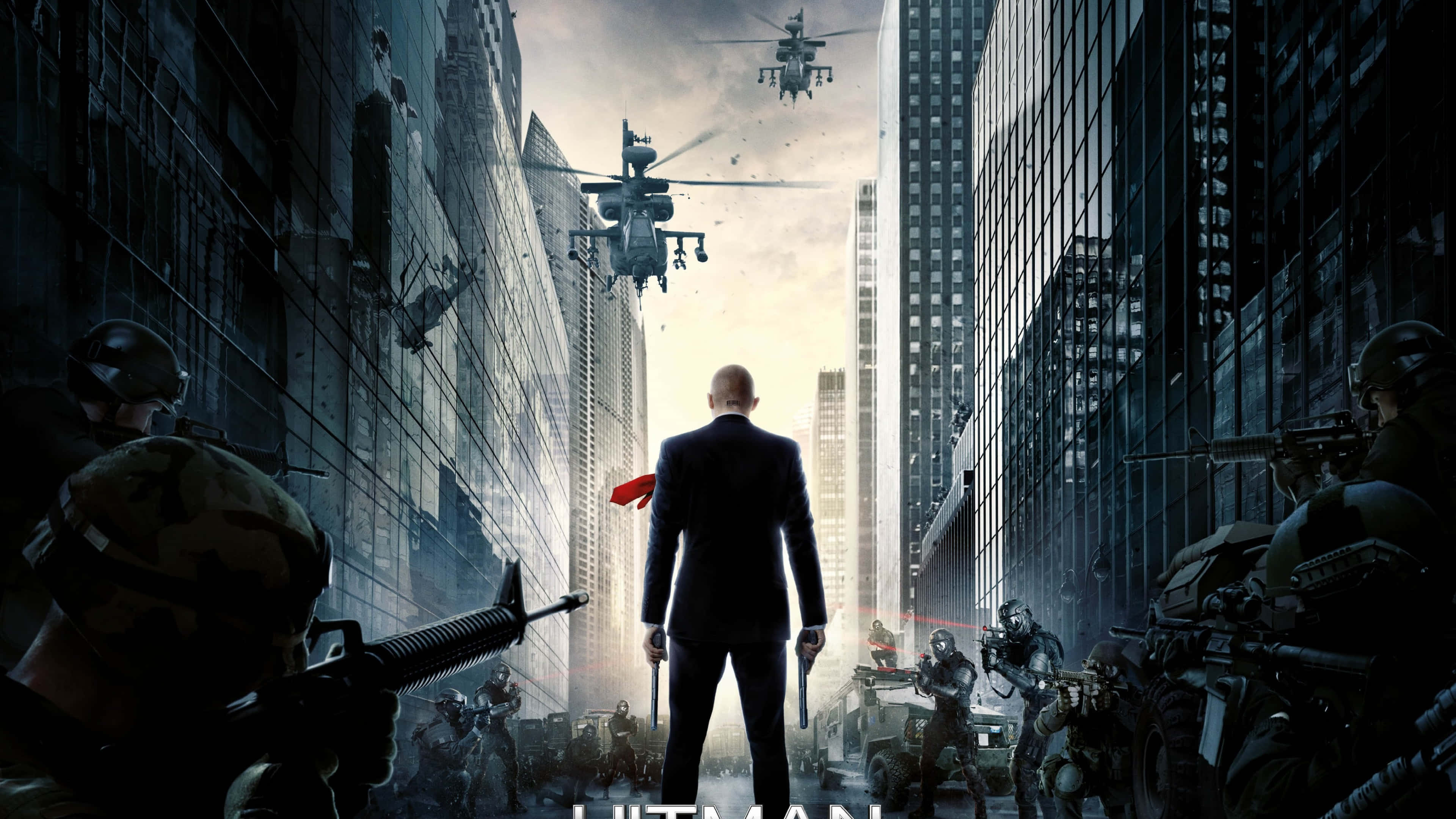 Hitman Agent 47, war-torn city street, helicopters, 4K Desktop Wallpaper