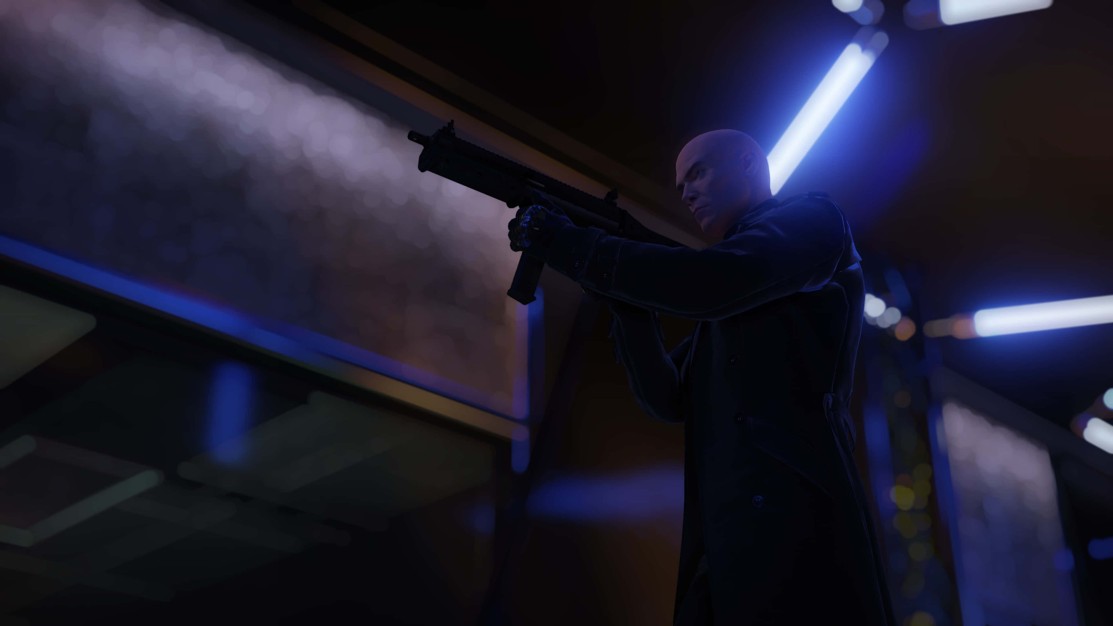 Hitman Agent 47, neon blue lights, smoky urban alley, 4K Desktop Wallpaper