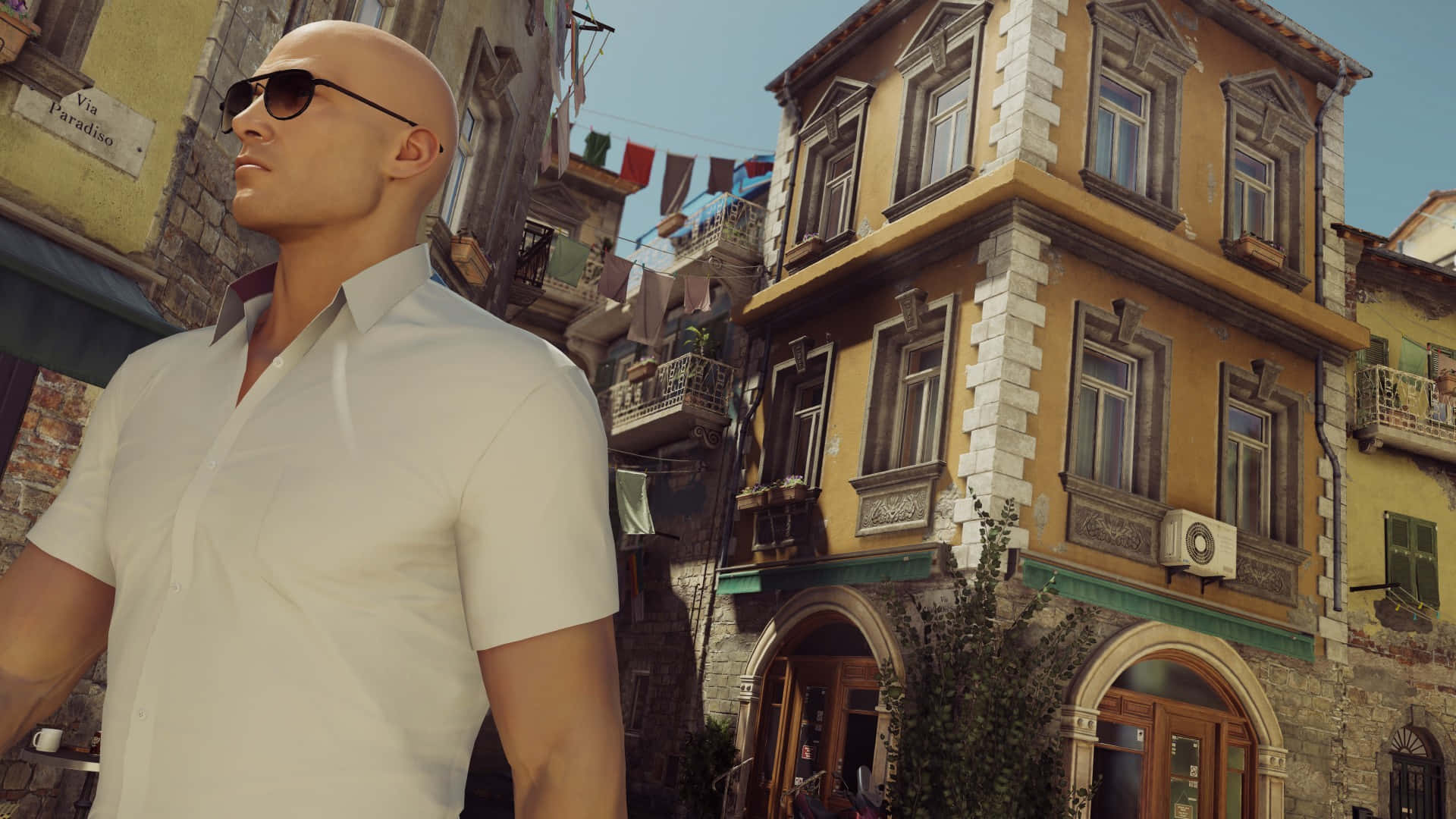 Hitman Agent 47, bald man, white shirt, Full HD Desktop Wallpaper