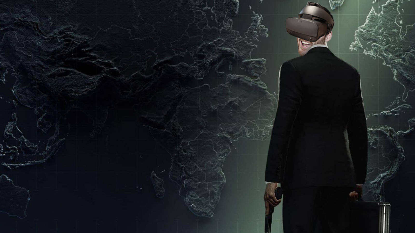 Hitman Black, VR headset, glowing digital world map, HD Desktop Wallpaper