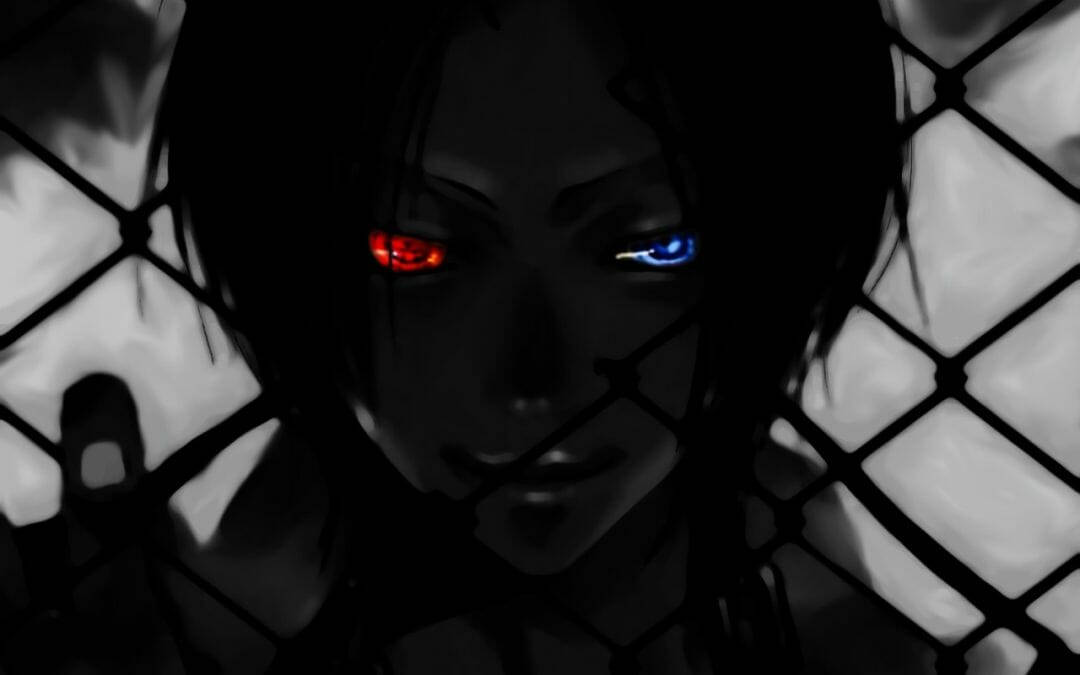 Hitman Black, anime character, glowing red and blue eyes, SD Desktop Wallpaper
