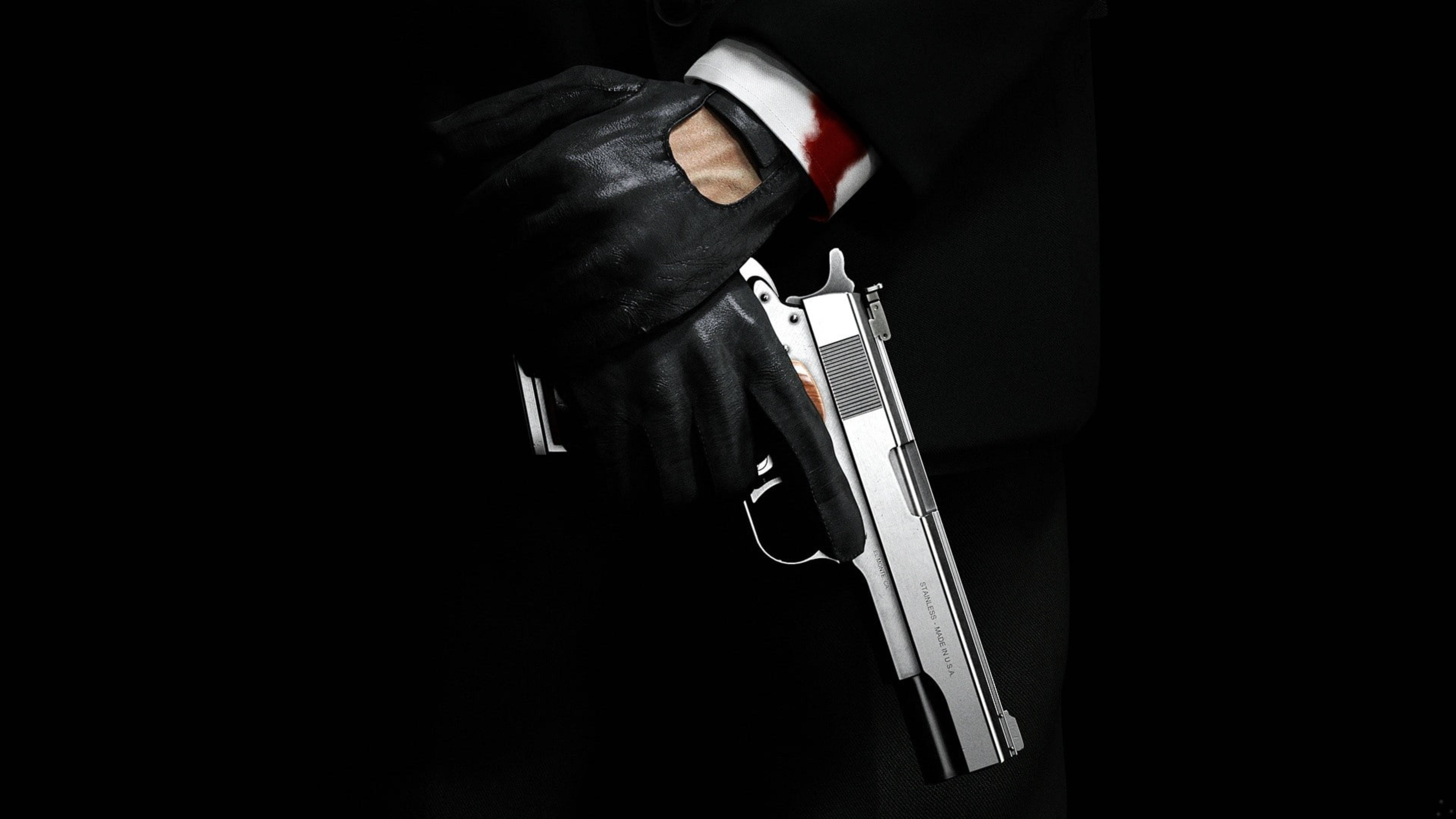 Hitman Full 4K, silver pistol, gloved hand, 4K Desktop Wallpaper