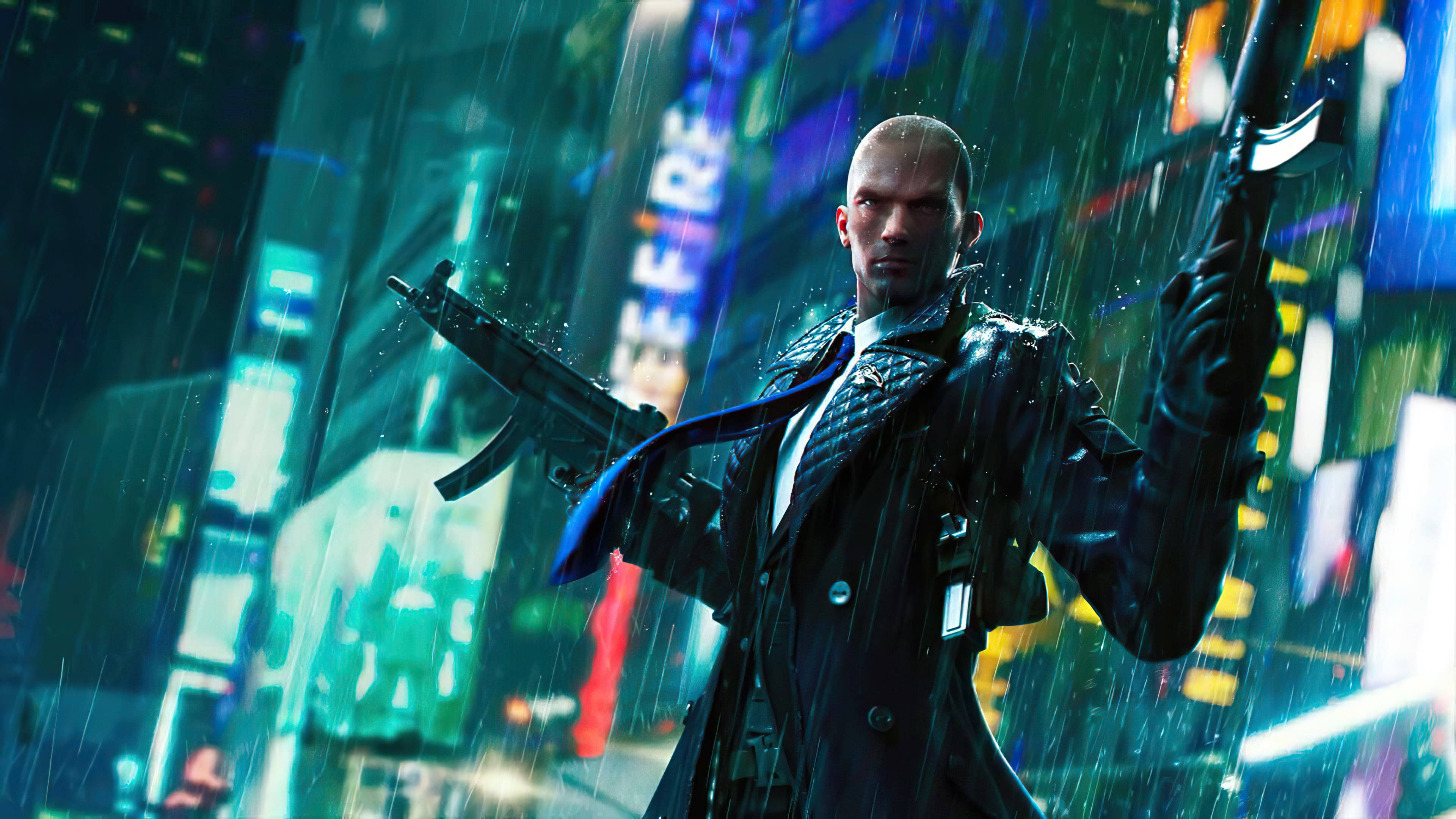 Hitman Full 4K, neon rain, cyberpunk cityscape, 4K Desktop Wallpaper