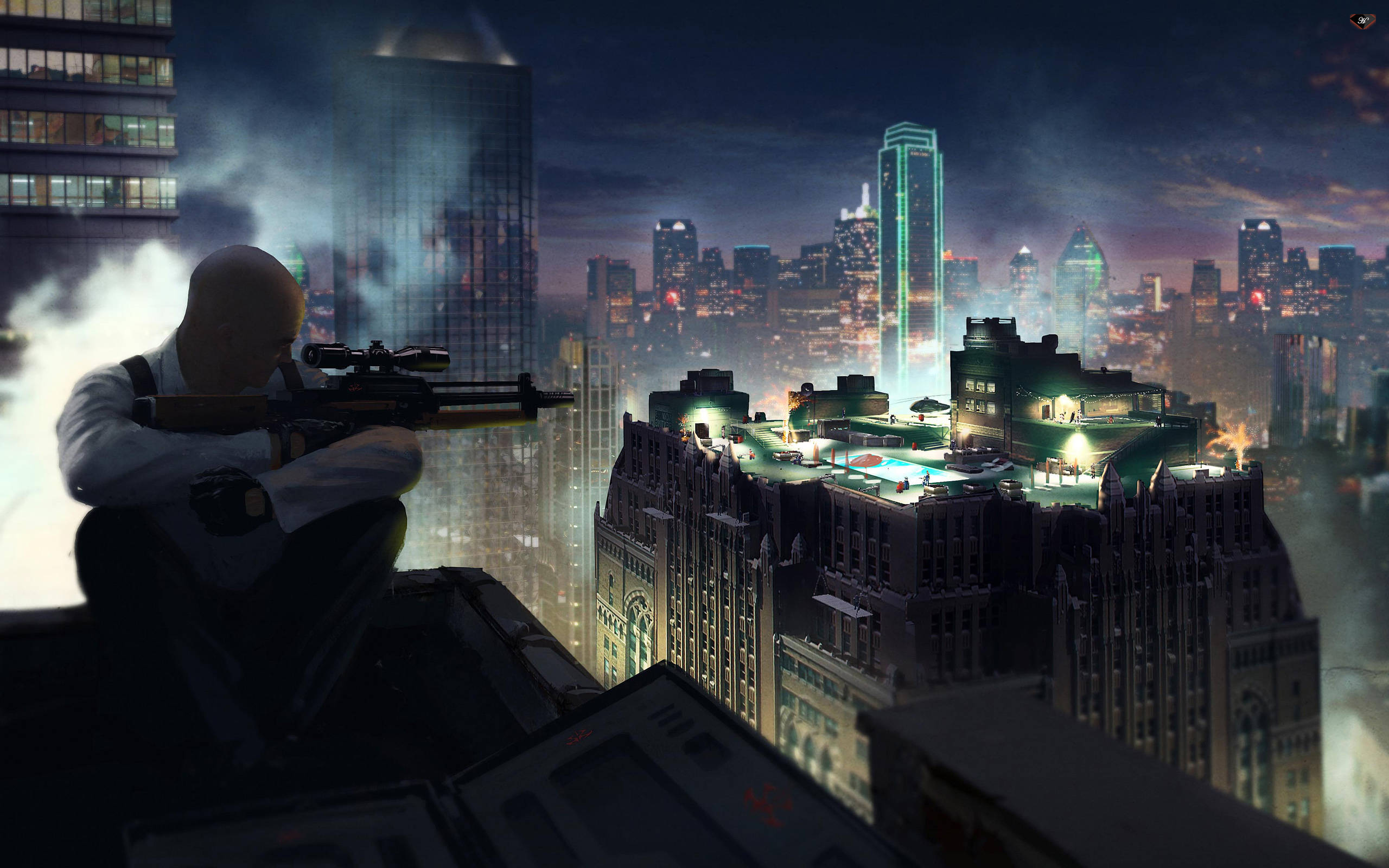 Hitman HD, rooftop, sniper rifle, 2K Desktop Wallpaper