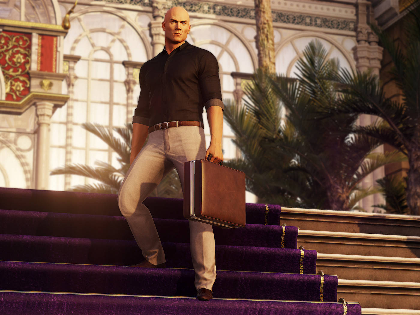 Hitman 2, brown briefcase, purple-carpeted stairs, HD Desktop Wallpaper
