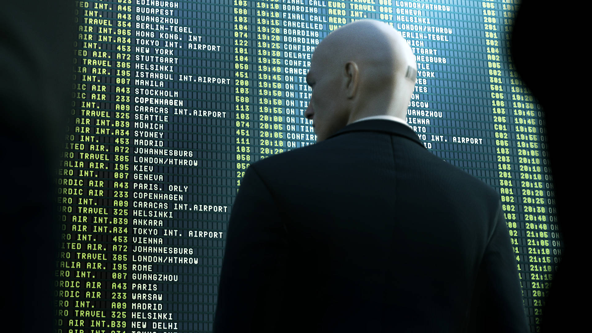 Hitman, black suit, glowing airport departure board, Full HD Desktop Wallpaper