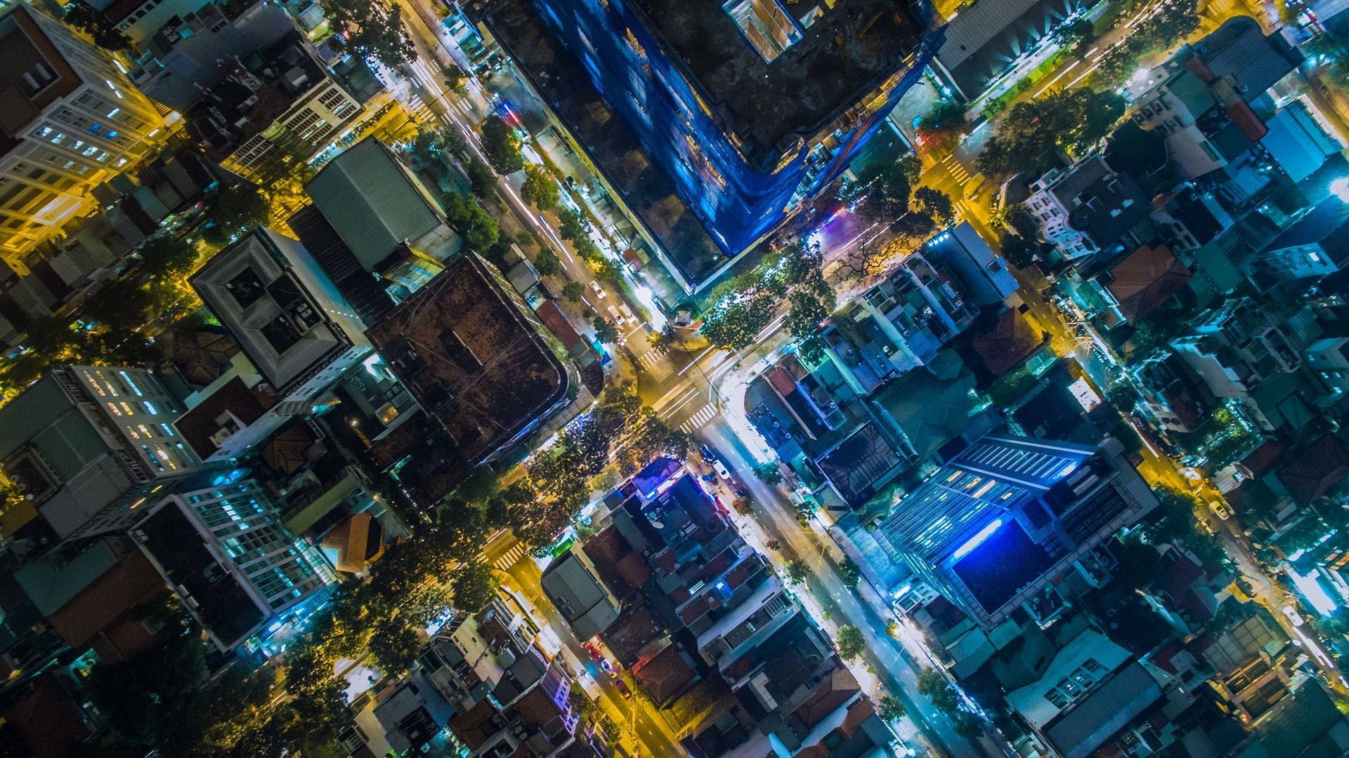 Ho Chi Minh City, street intersection, aerial night view, Full HD Desktop Wallpaper