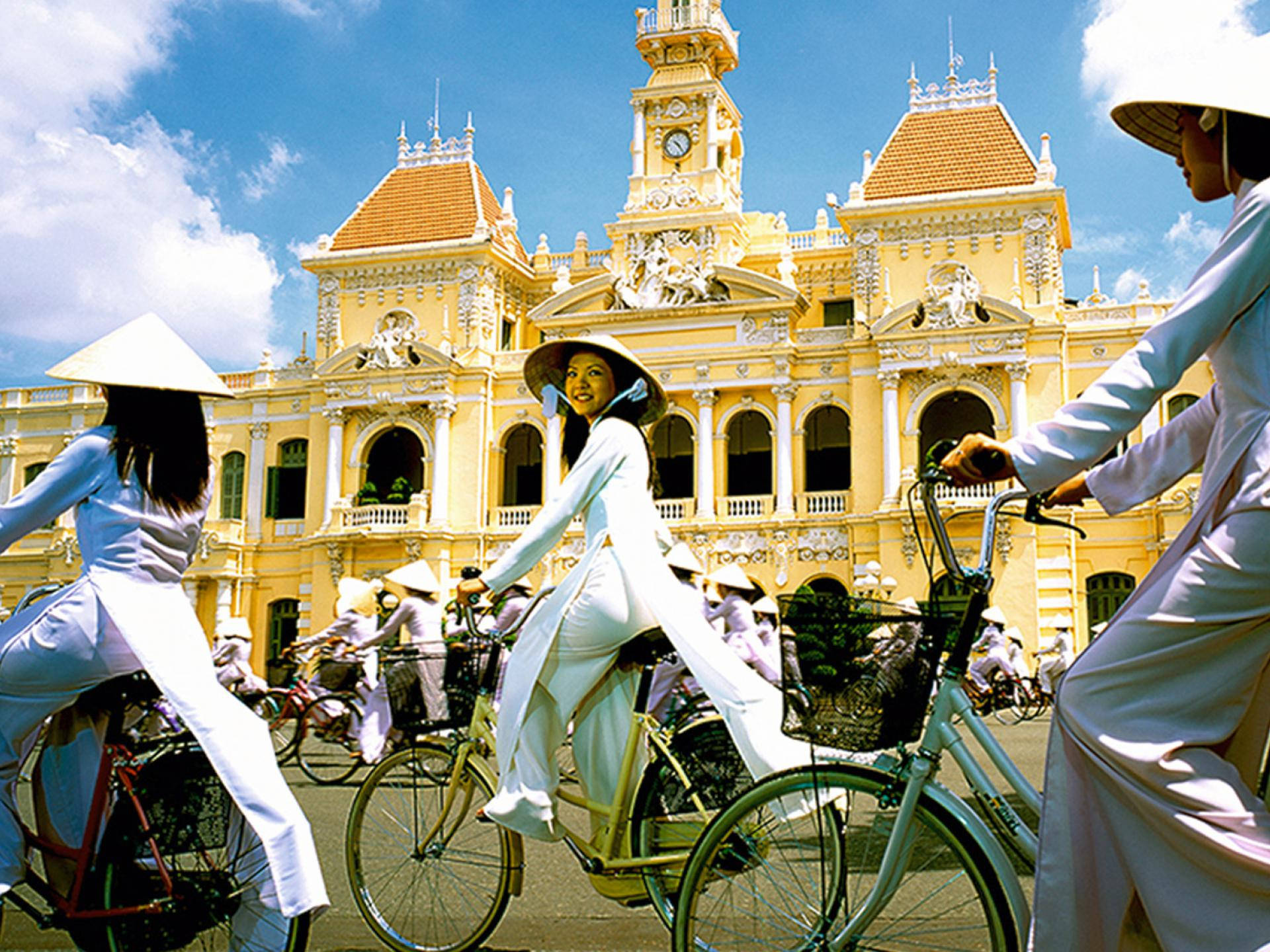 traditional white ao dai, conical hats, bicycles, Full HD Desktop Wallpaper