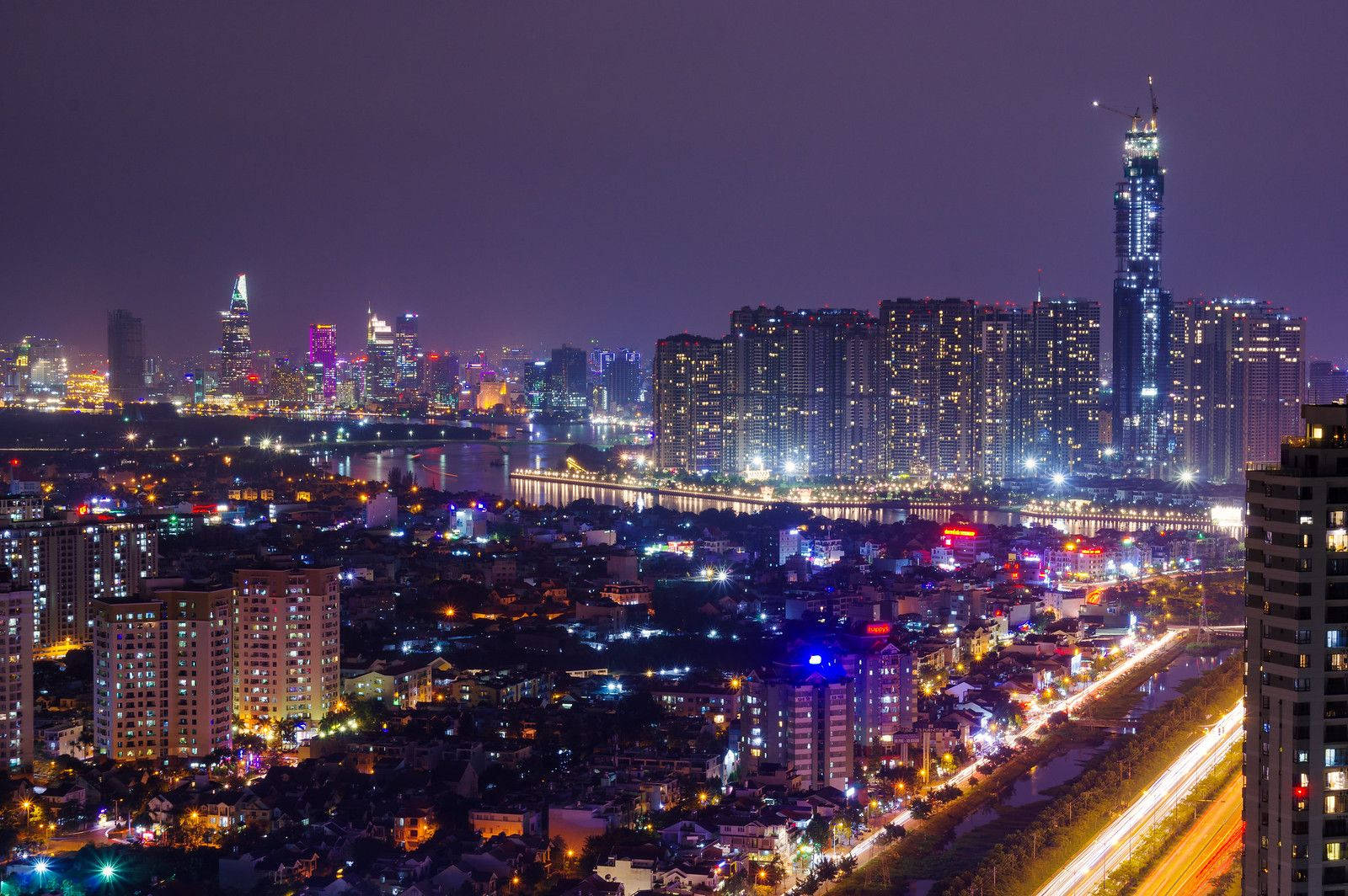 Ho Chi Minh City, purple sky, nighttime cityscape, HD Desktop Wallpaper