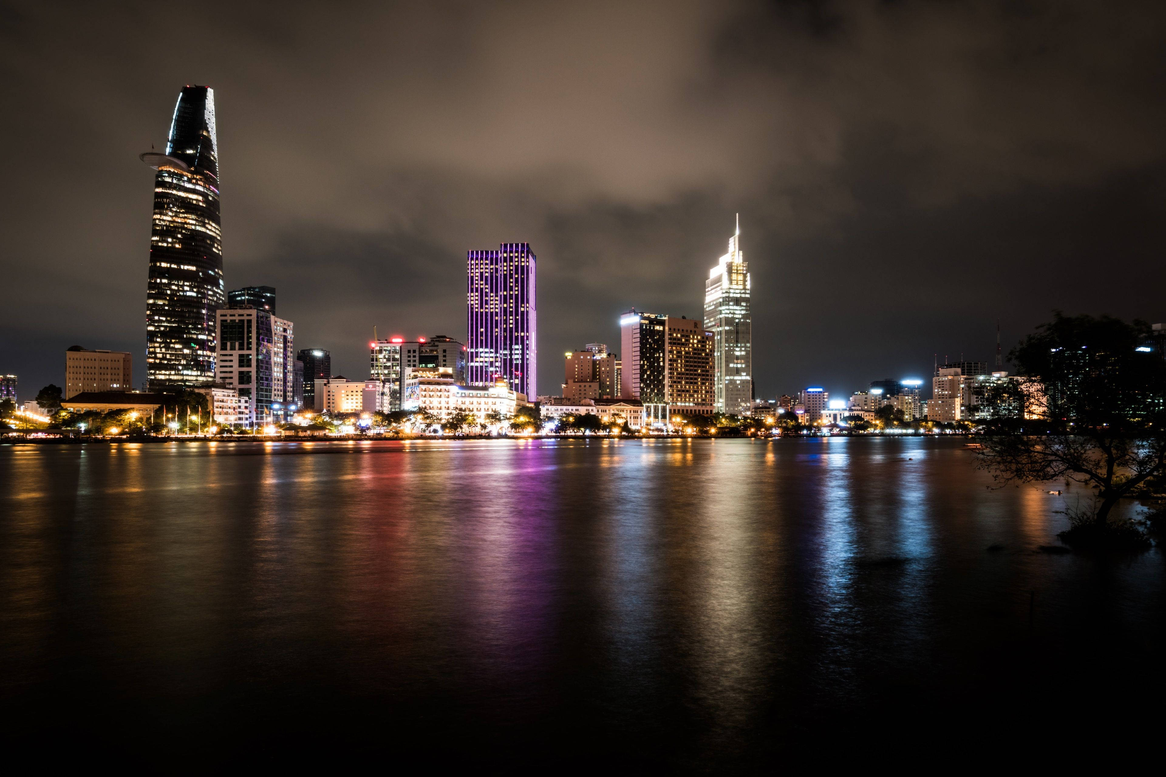 Ho Chi Minh City, dark waters, night cityscape, 4K Desktop Wallpaper