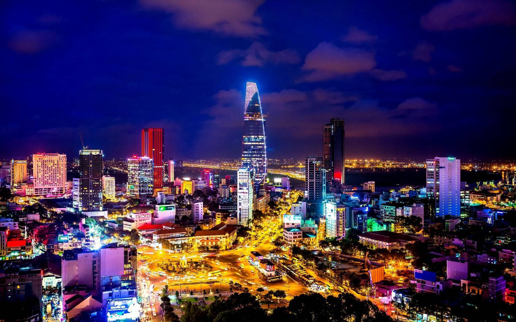 Ho Chi Minh City, neon lights, towering skyscrapers, HD Desktop Wallpaper