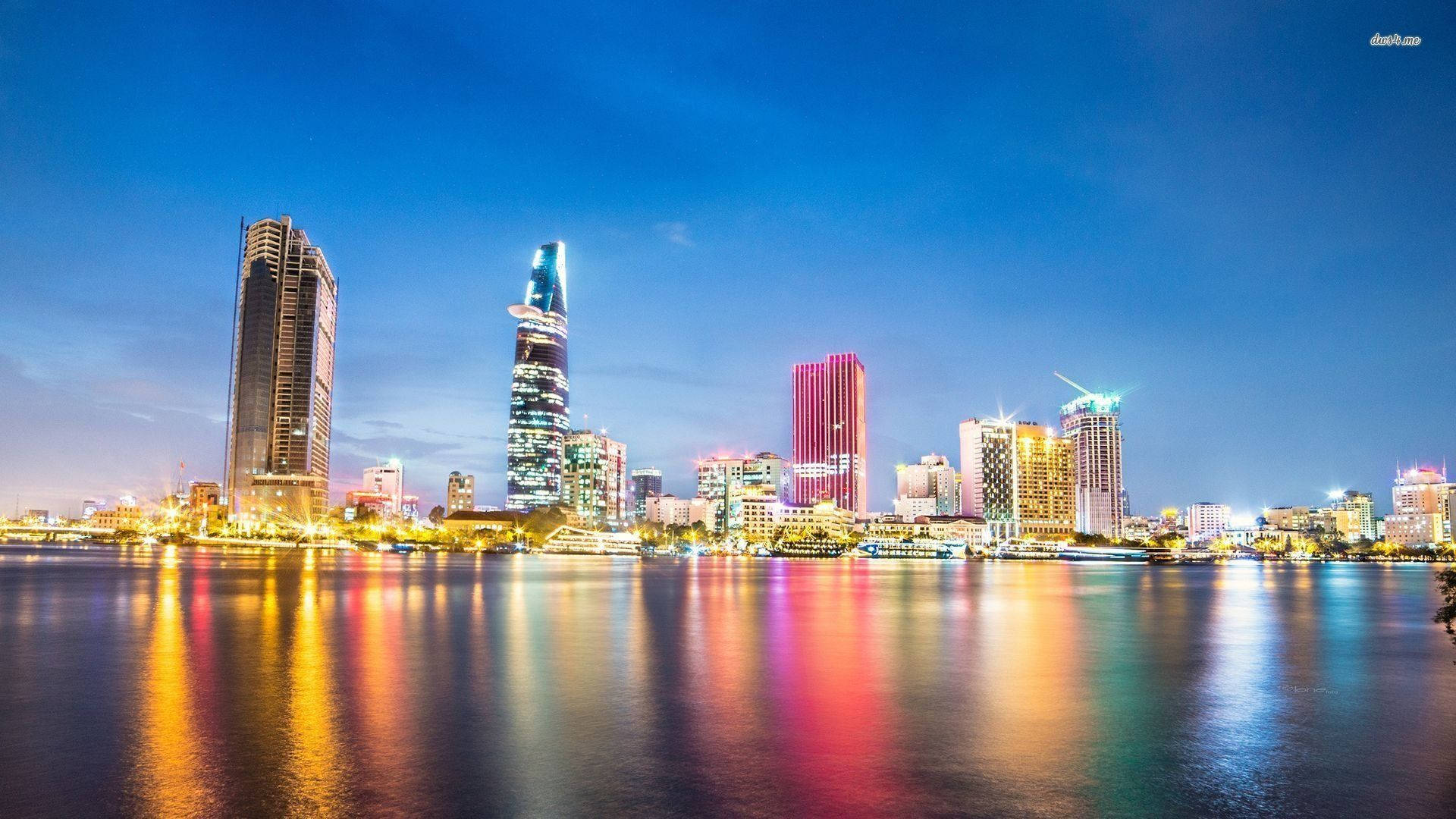 Ho Chi Minh City, lined buildings, dusk, Full HD Desktop Wallpaper