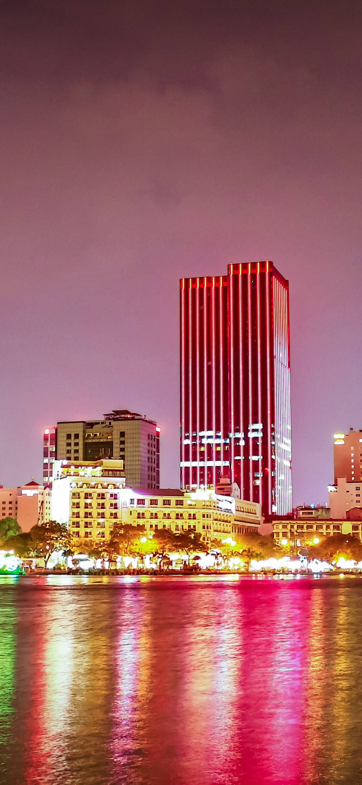 Ho Chi Minh City, pink building, towering red-lit skyscraper, Full HD Phone Wallpaper