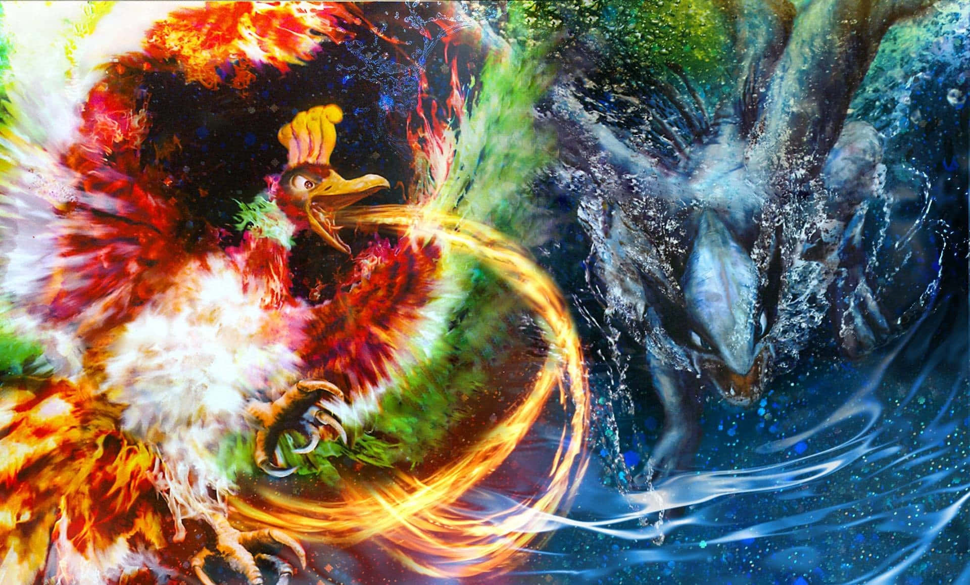 Ho-oh, fiery rooster, water dragon, Full HD Desktop Wallpaper