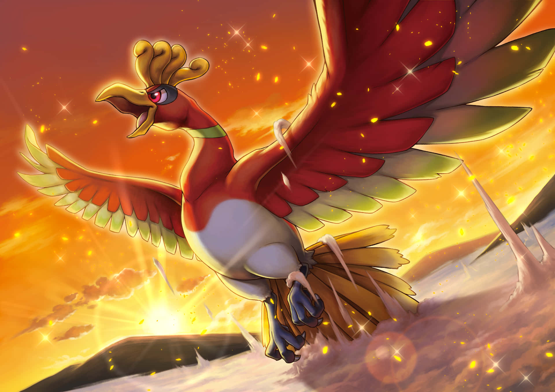 Ho-Oh, fiery sunset, glowing wings, Full HD Desktop Wallpaper