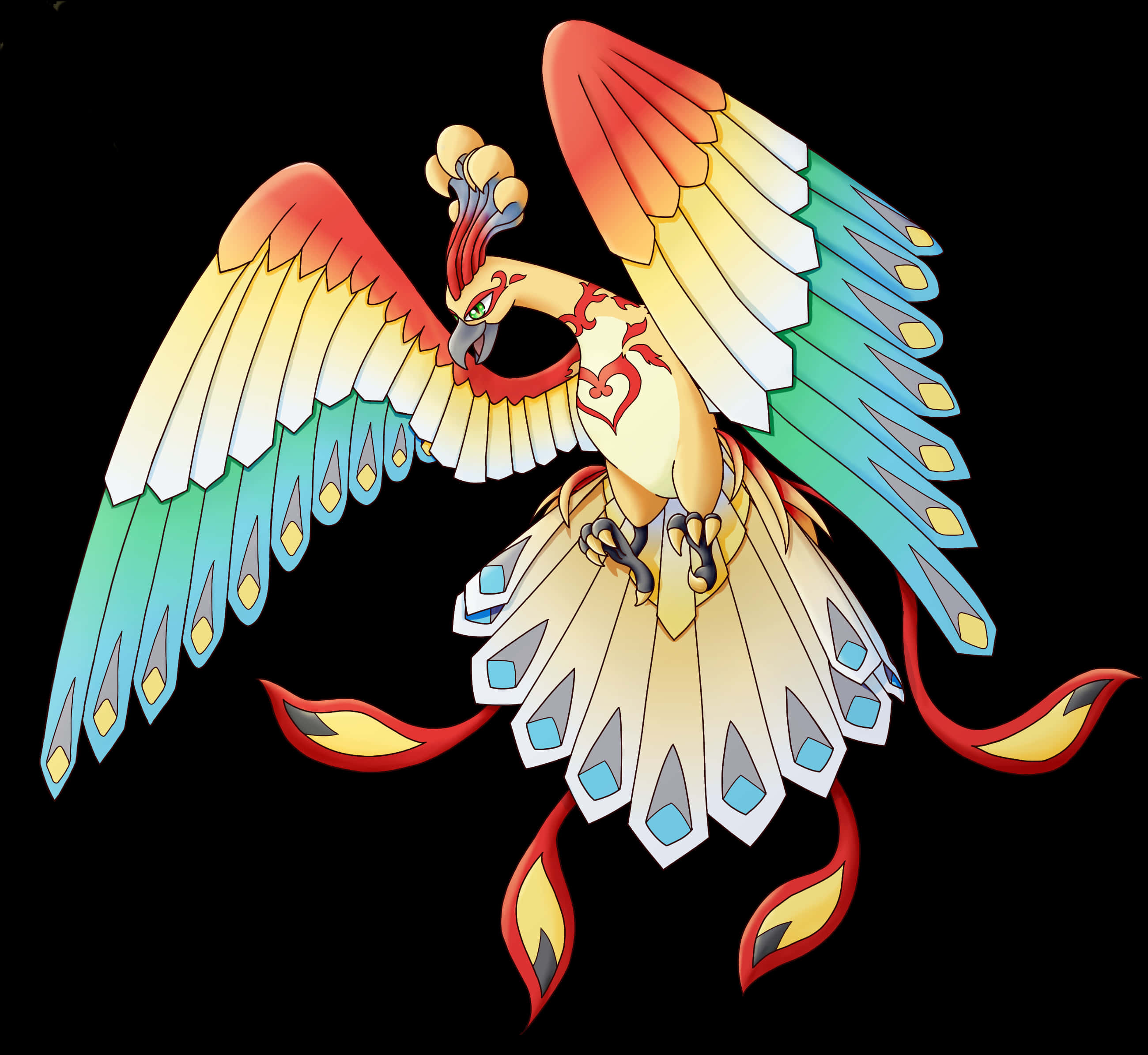 Ho-Oh, rainbow wings, flame-tipped tail feathers, 2K Desktop Wallpaper