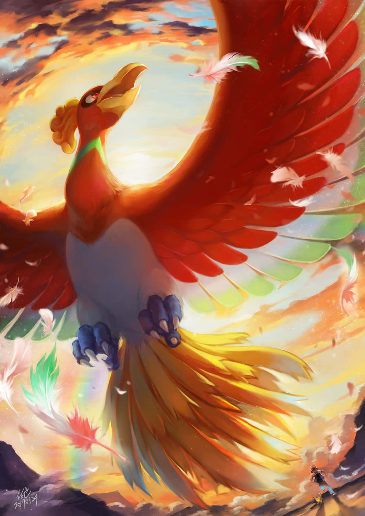 Ho-Oh, fiery red wings, rainbow feathers, HD Phone Wallpaper